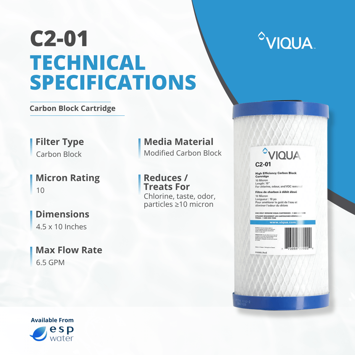VIQUA C2-01GAC specifications for a 20-micron 4.5 x 10 inch granular activated carbon filter