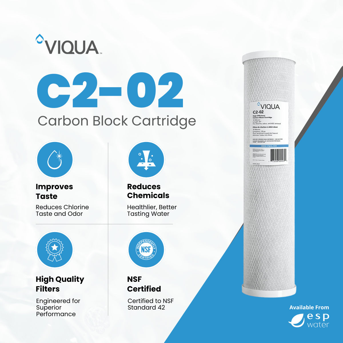 VIQUA C2-02 carbon block filter benefits for reducing chlorine, taste, odor and sediment