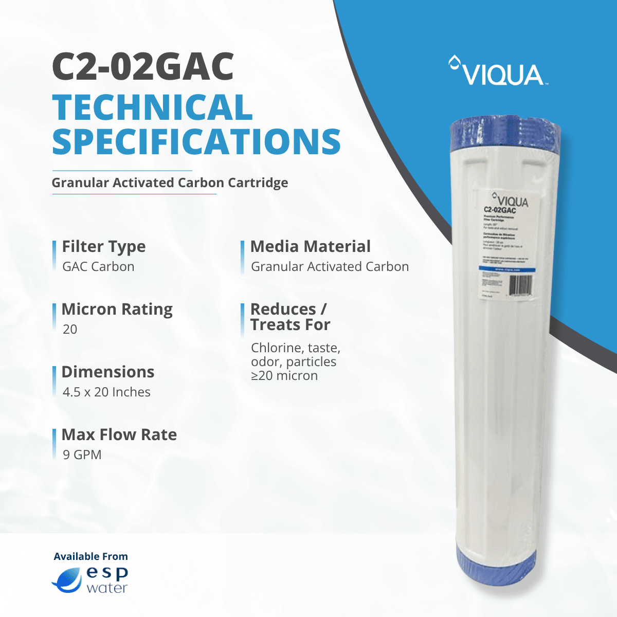 VIQUA C2-02GAC 4.5 x 20 inch GAC filter specifications