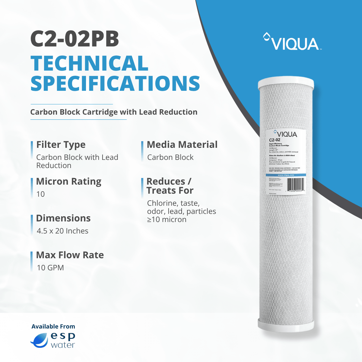 VIQUA C2-02PB specifications for a 10-micron 4.5 x 20 inch carbon block filter
