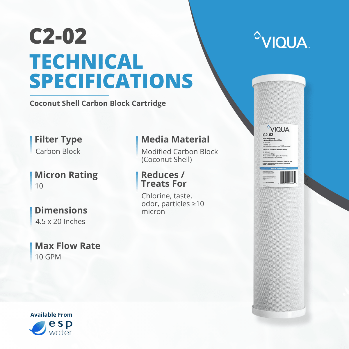VIQUA C2-02 specifications for a 10-micron 4.5 x 20 inch carbon block replacement filter