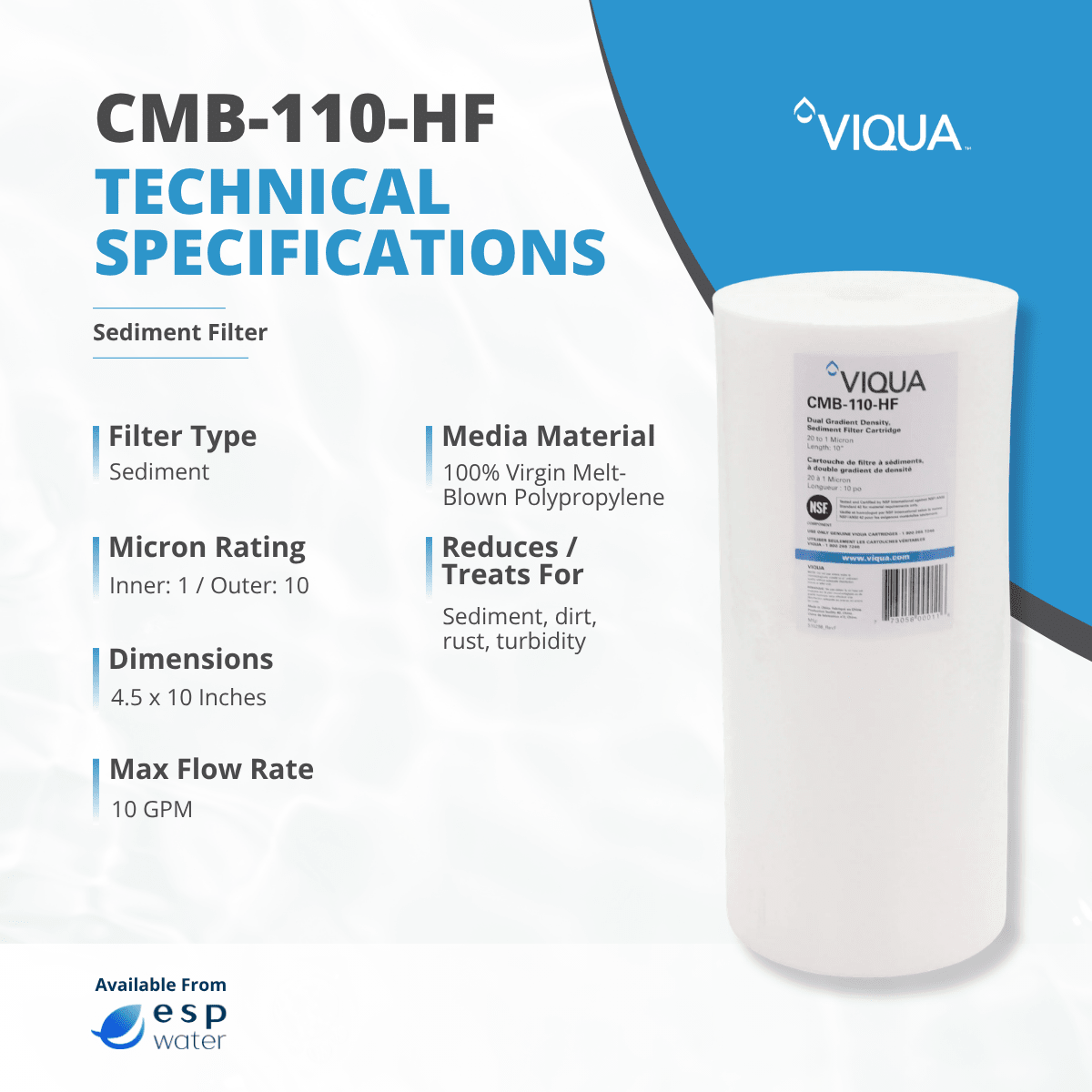 VIQUA CMB-110-HF specifications for a 1-micron 4.5 x 10 inch high-flow sediment filter