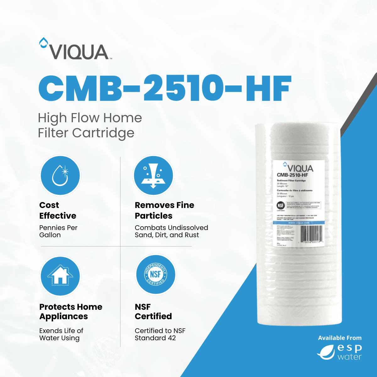 VIQUA CMB-2510-HF sediment filter benefits for high-flow 20-micron prefiltration