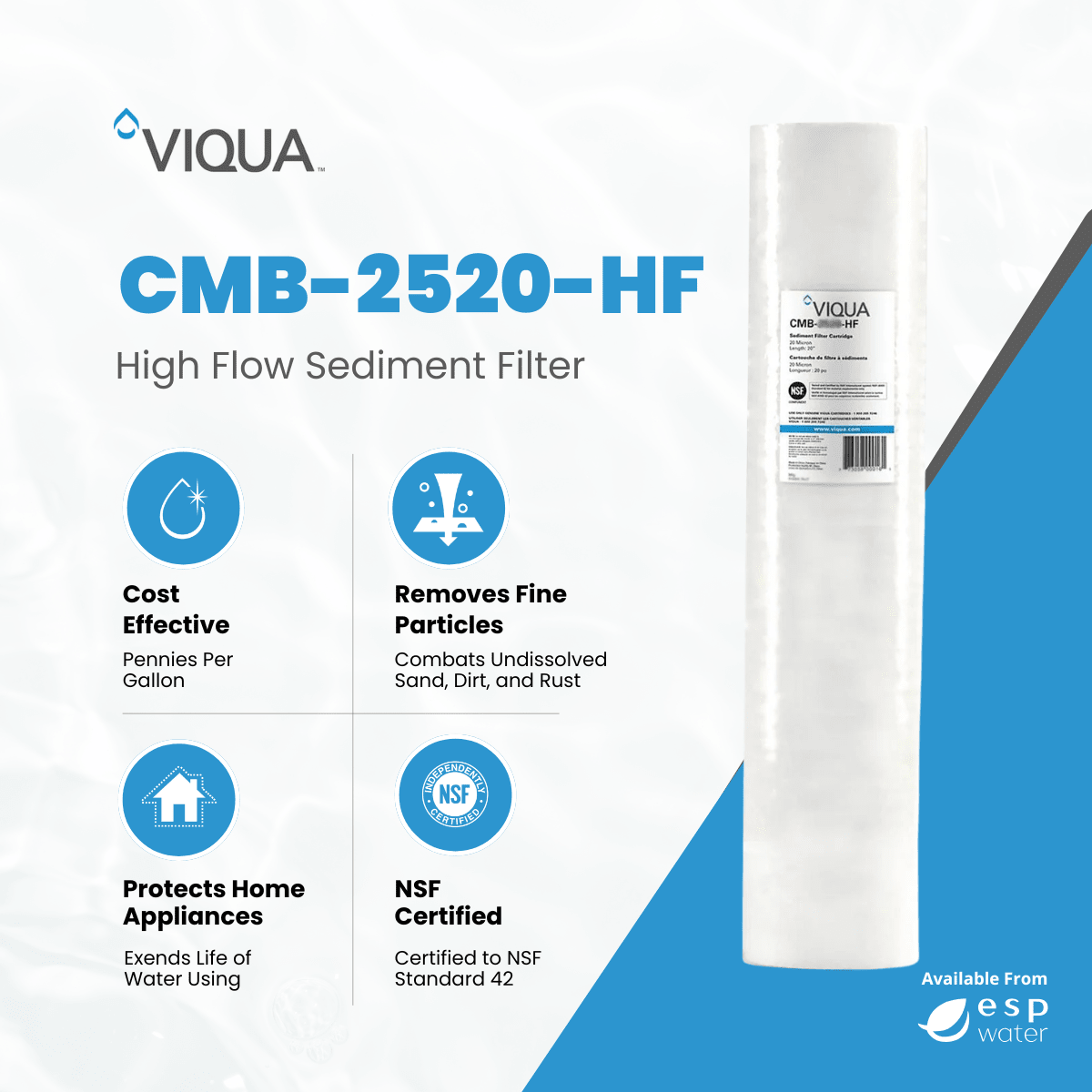 VIQUA CMB-2520-HF sediment filter benefits for reducing larger suspended particles down to 20 microns