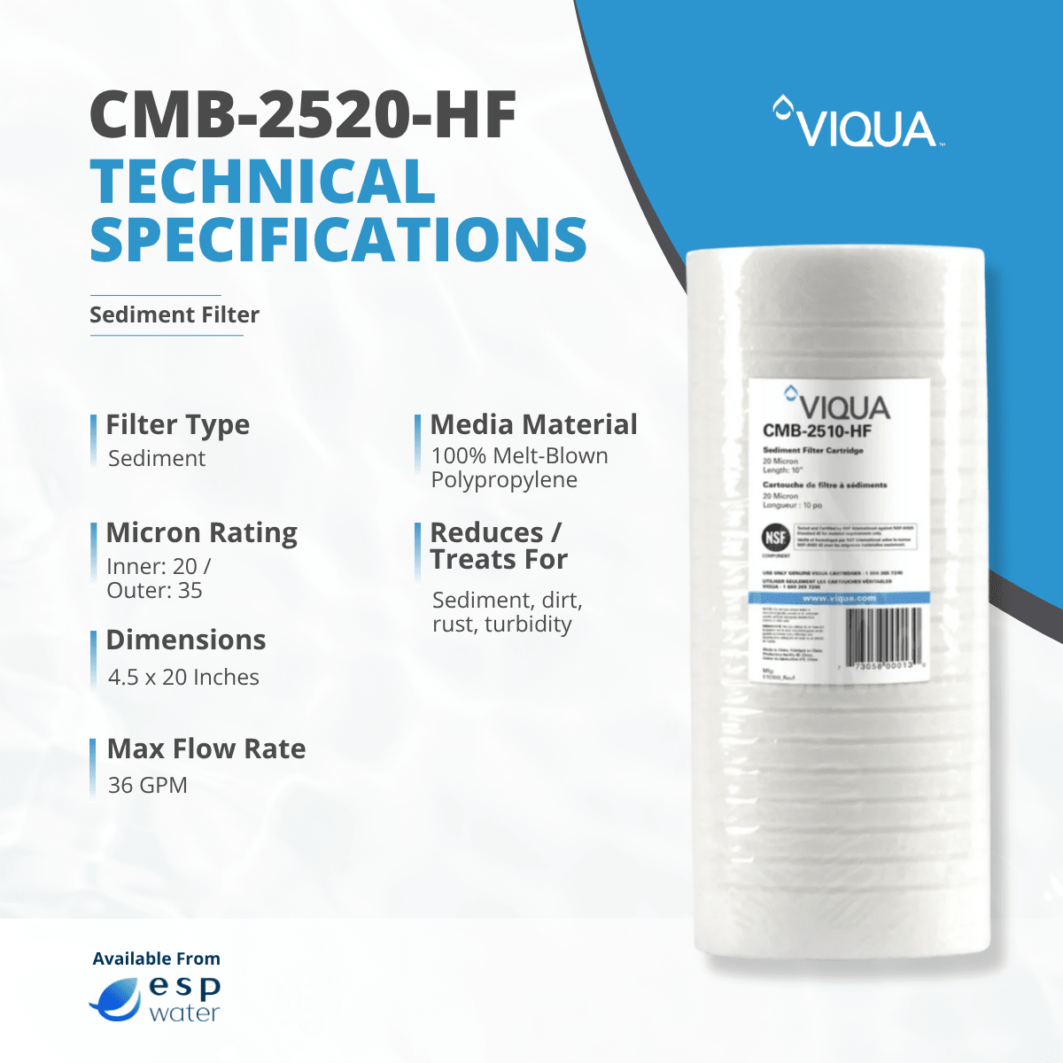 VIQUA CMB-2520-HF specifications for a 20-micron 4.5 x 20 inch sediment filter