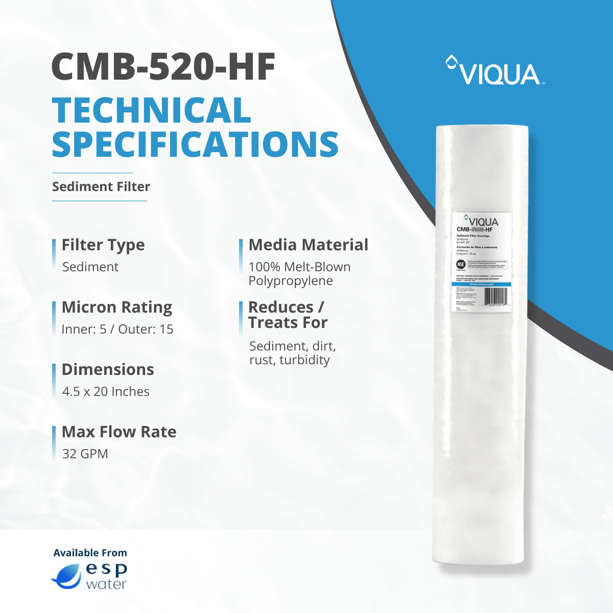 VIQUA CMB-520-HF 5-micron 4.5 x 20 inch high-flow sediment filter specifications