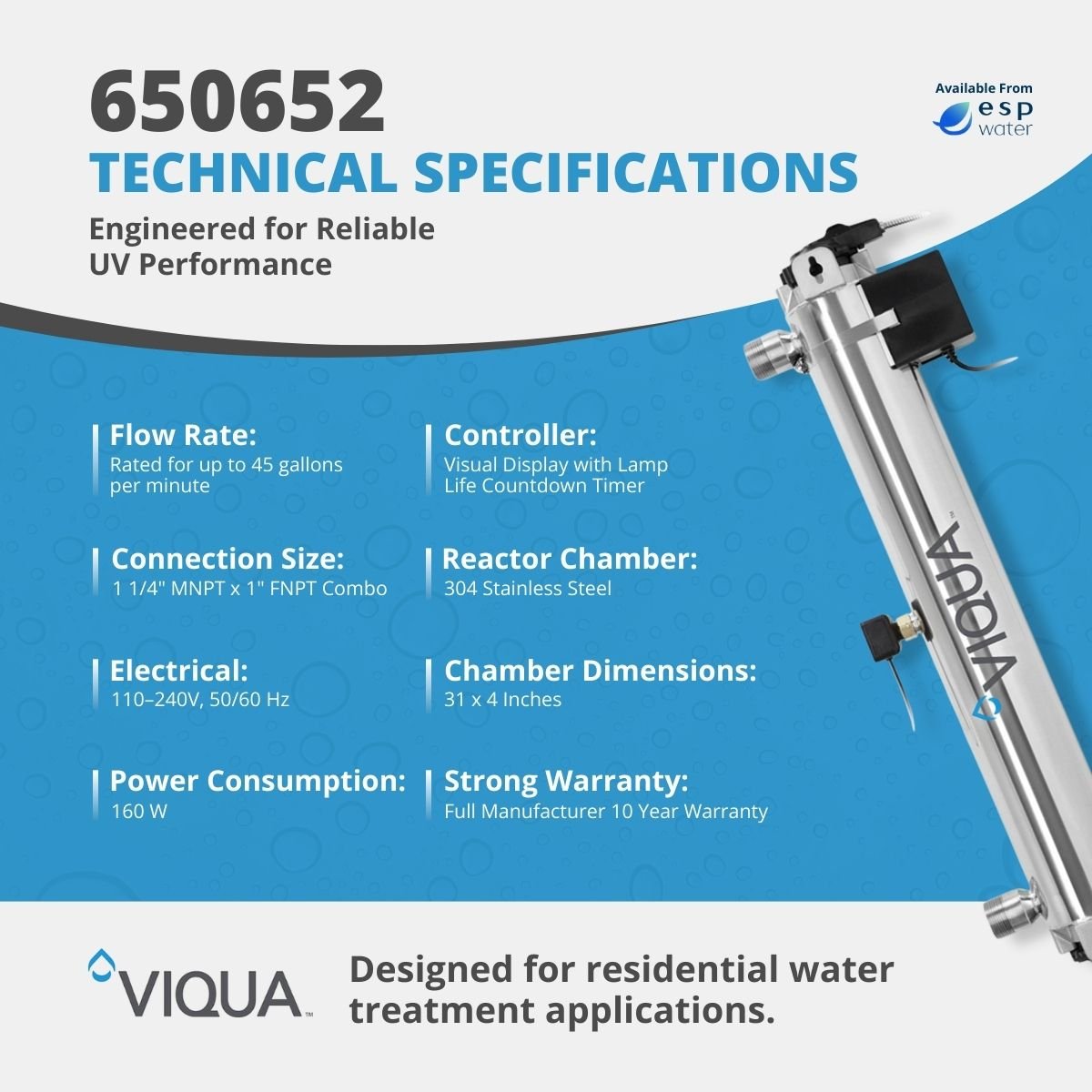 VIQUA H+ 650652 UV system technical specifications and 45 GPM treatment capacity