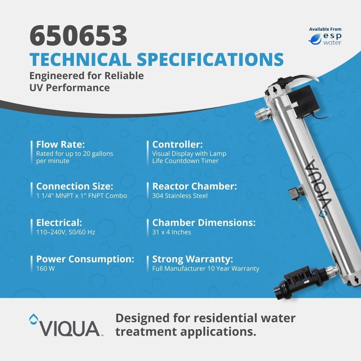 VIQUA 650653 PRO20 technical specifications for 20 GPM UV treatment and 100-240V operation