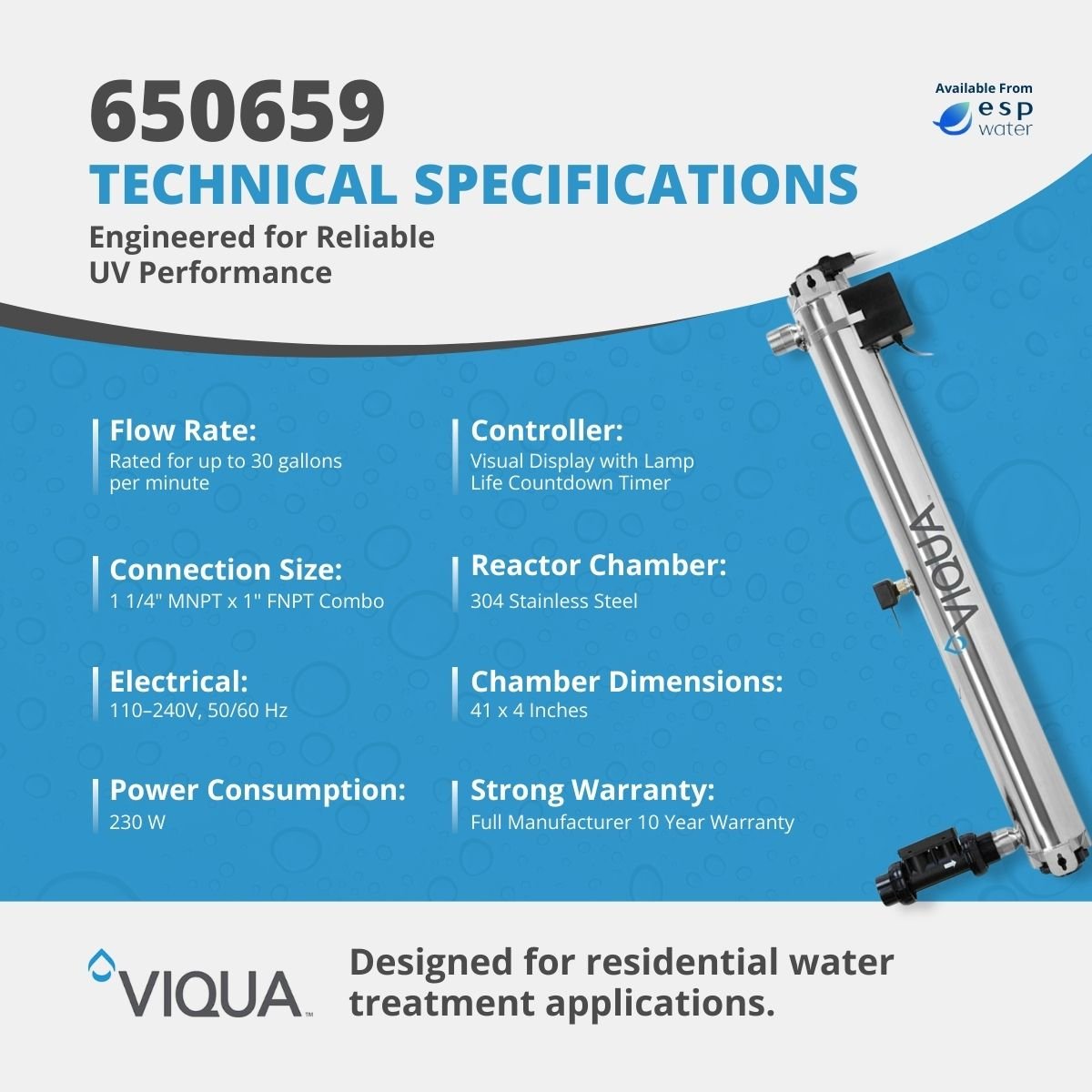 VIQUA PRO30 650659 UV system technical specifications and 30 GPM treatment capacity