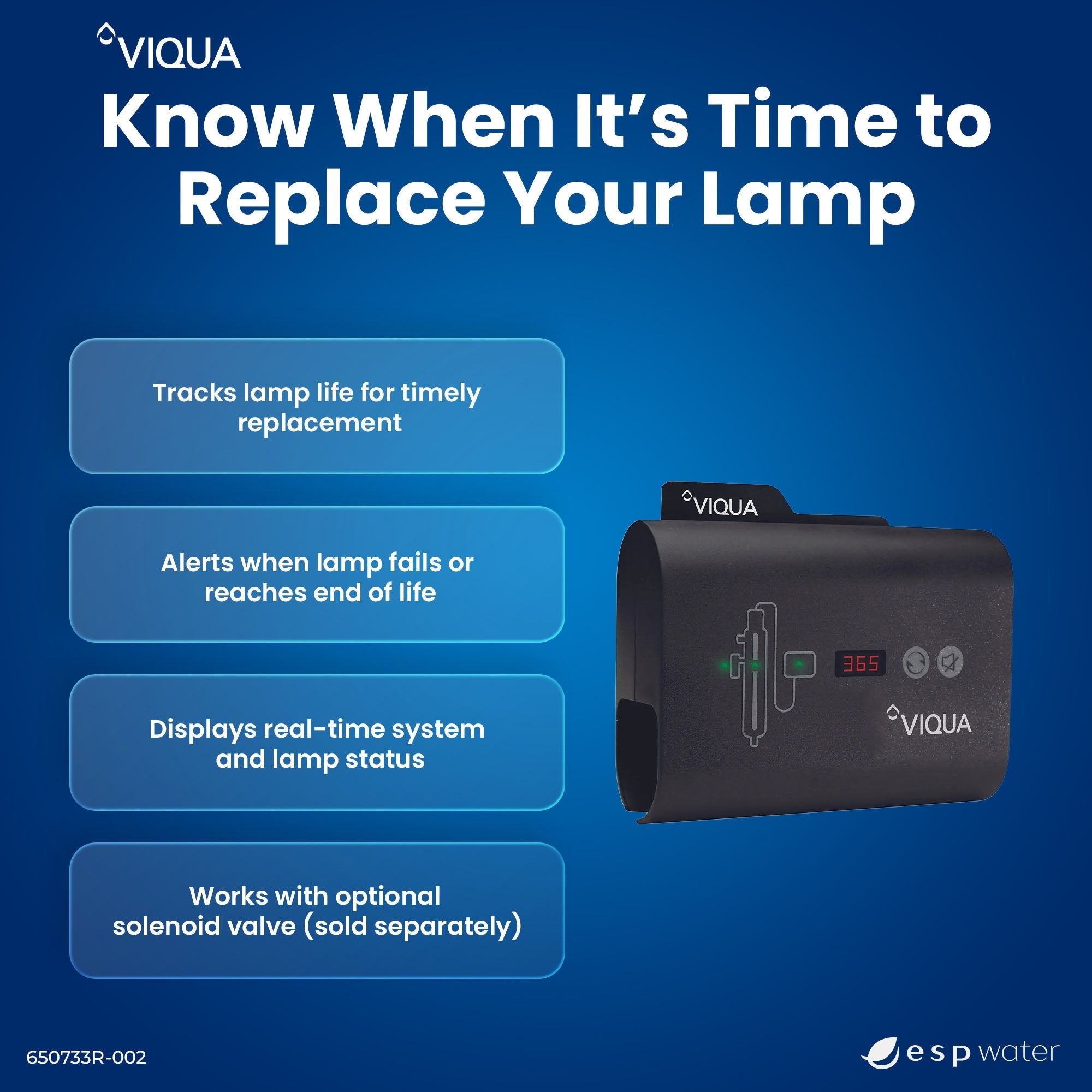 VIQUA 650733R-002 controller lamp-life countdown and system status feature
