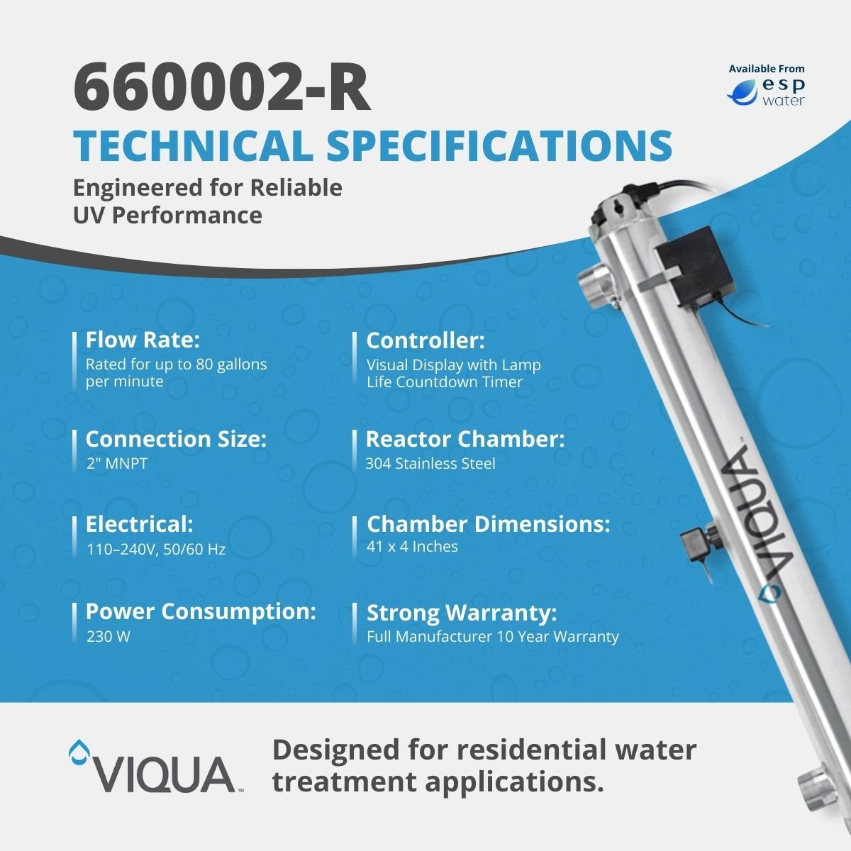 VIQUA 660002-R K+ technical specifications for 80 GPM ultraviolet water treatment with UV sensor