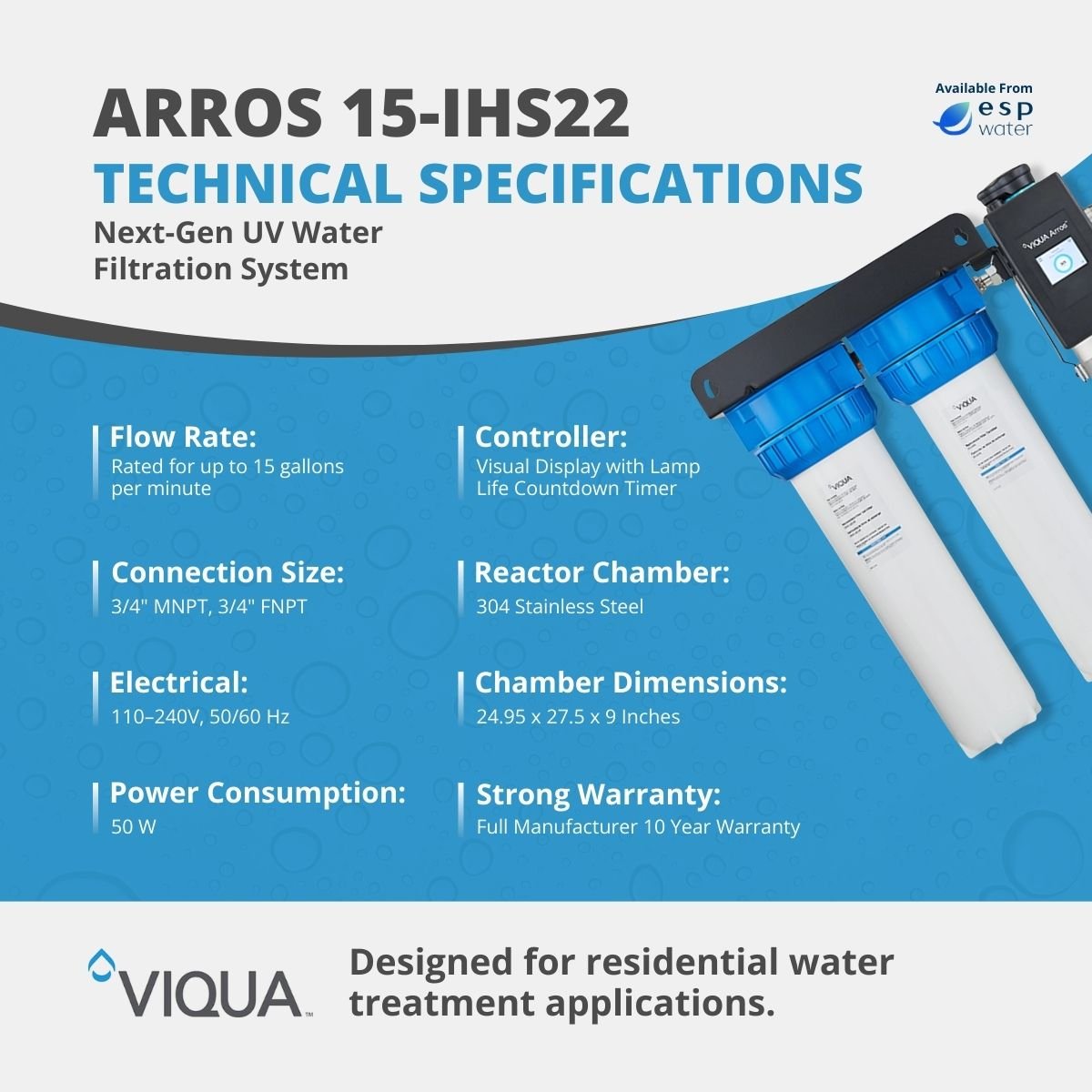 VIQUA Arros 15-IHS22 integrated UV system technical specifications and 15 GPM capacity