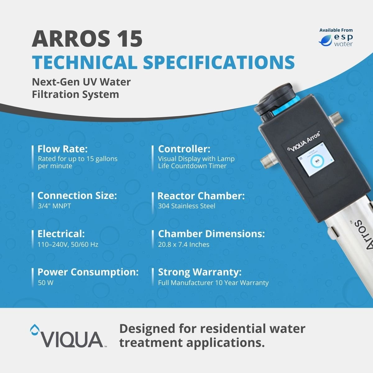 VIQUA Arros 15 15 GPM UV water treatment system technical specifications