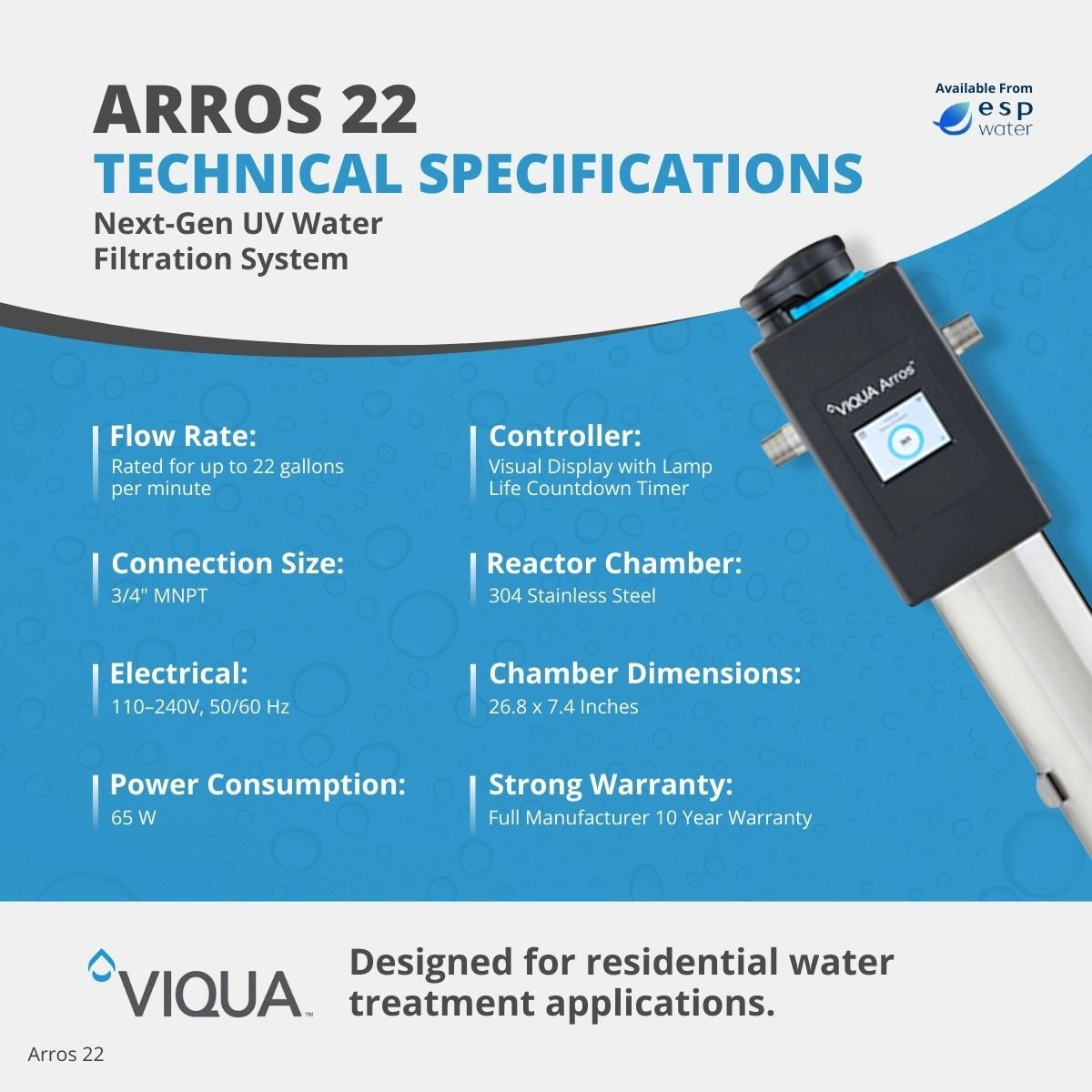 VIQUA Arros 22 UV system technical specifications and 22 GPM treatment capacity