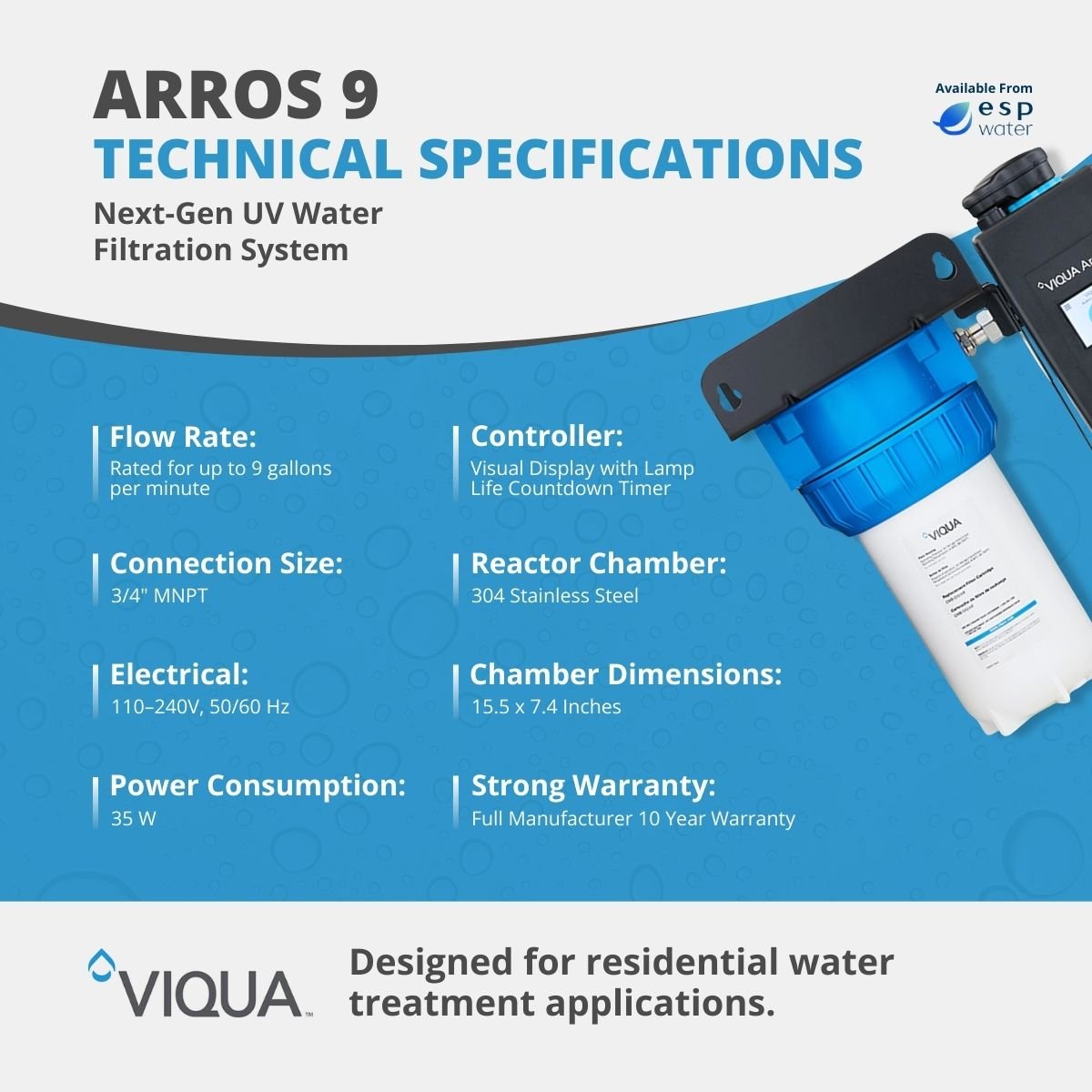 VIQUA Arros 9 UV system technical specifications and 9 GPM treatment capacity