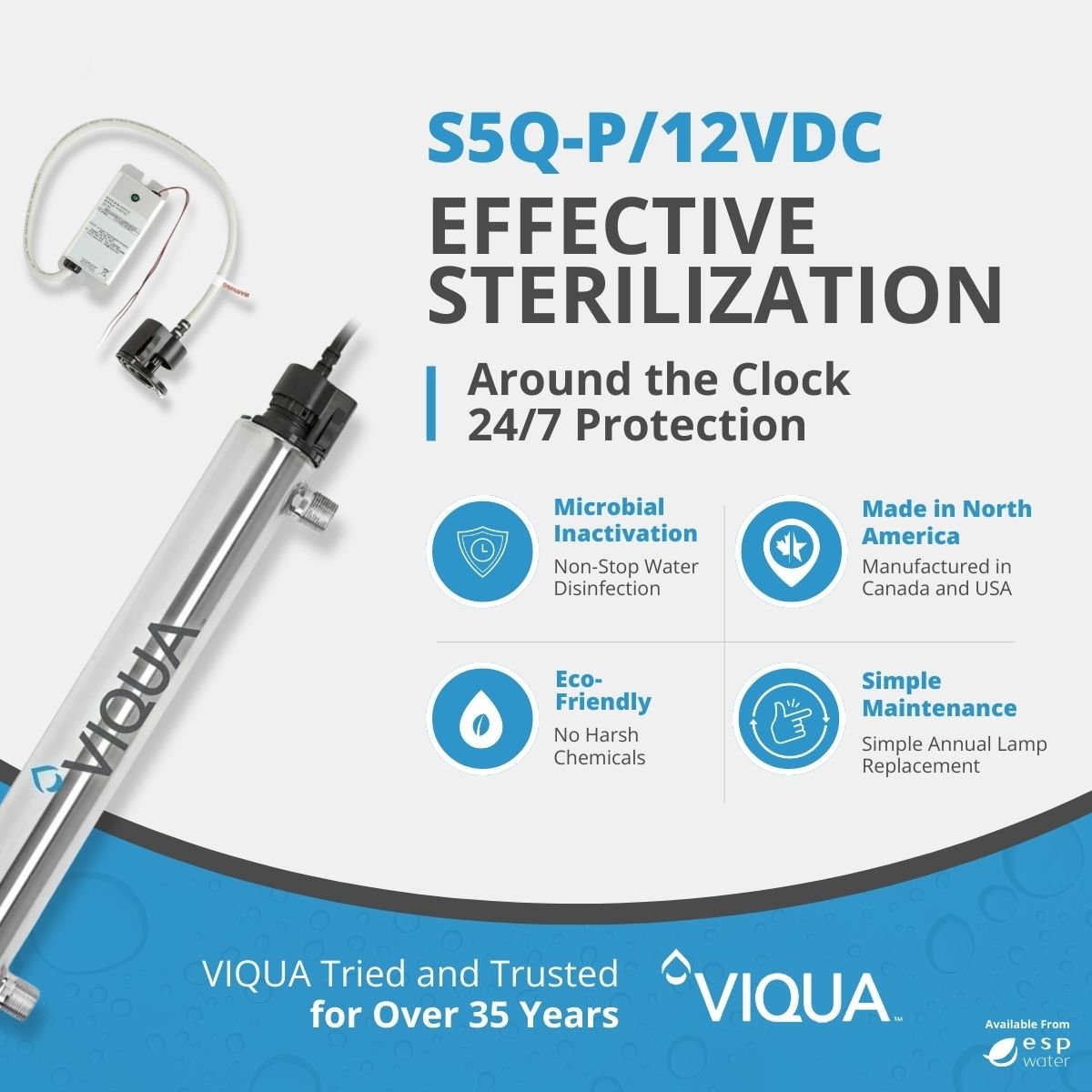 VIQUA S5Q-P/12VDC UV system benefits for 5 GPM 12-volt DC water treatment applications