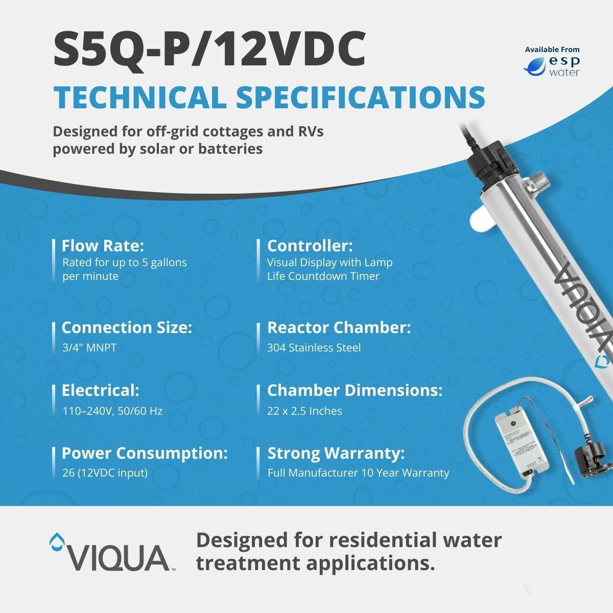 VIQUA S5Q-P/12VDC technical specifications for 5 GPM 12-volt DC UV water treatment