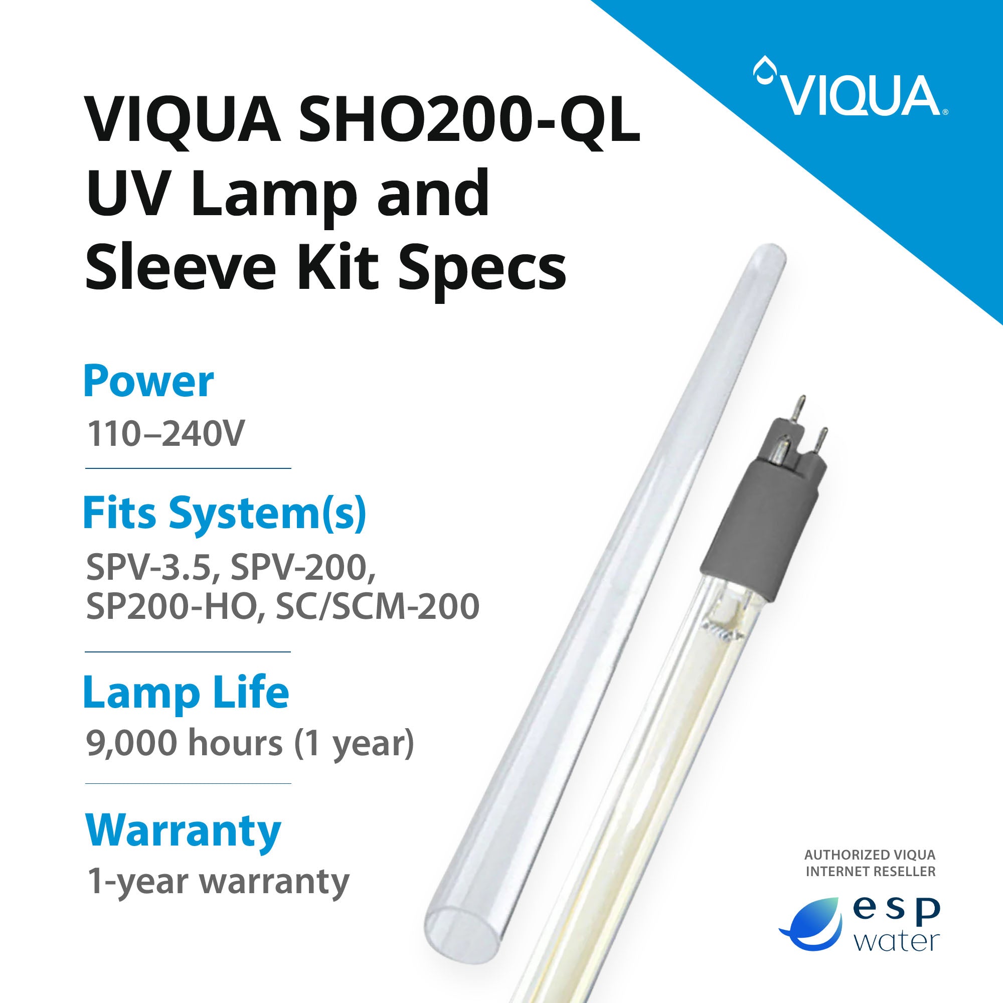 VIQUA SHO200-QL UV lamp and quartz sleeve replacement kit specifications