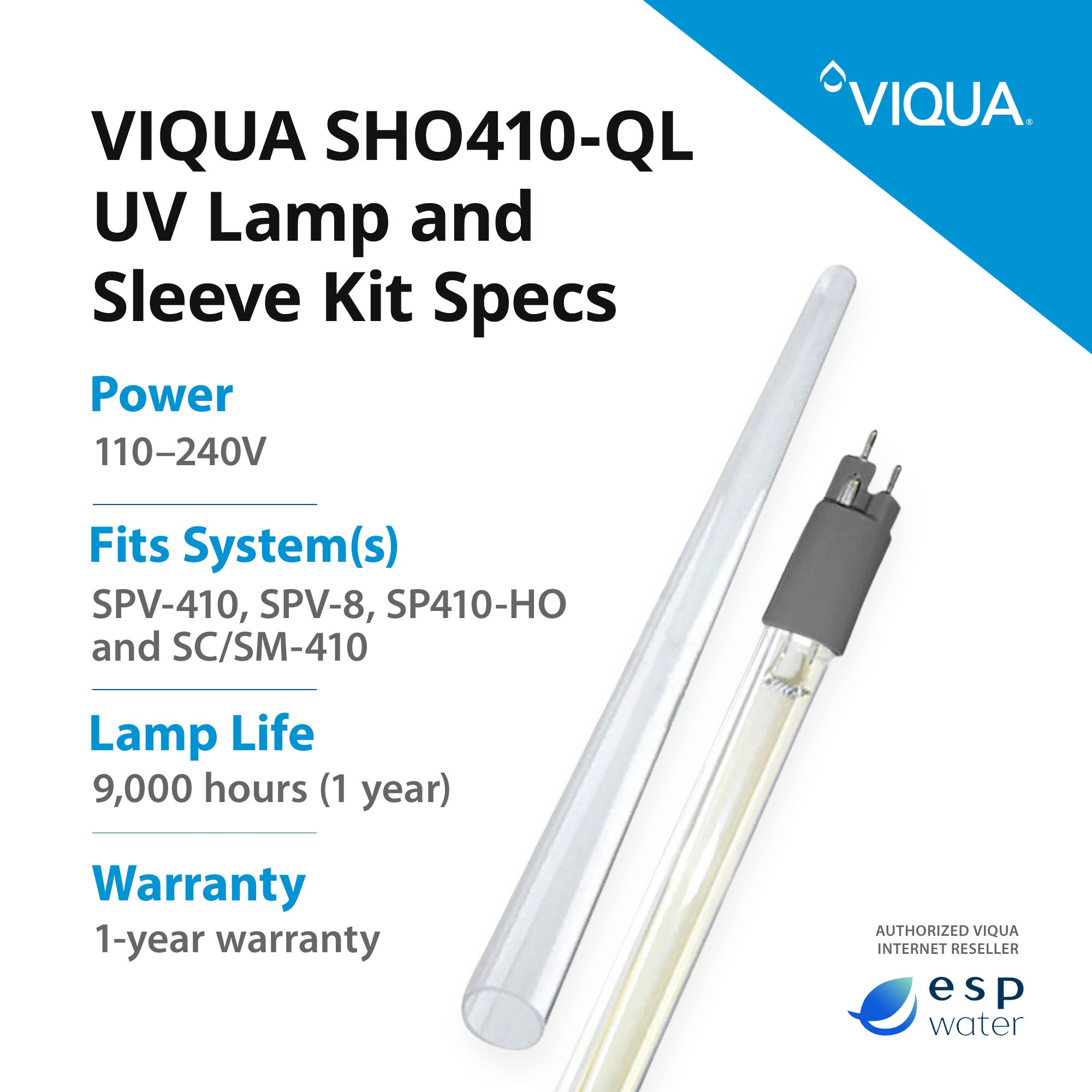 VIQUA SHO410-QL UV lamp and quartz sleeve replacement kit specifications