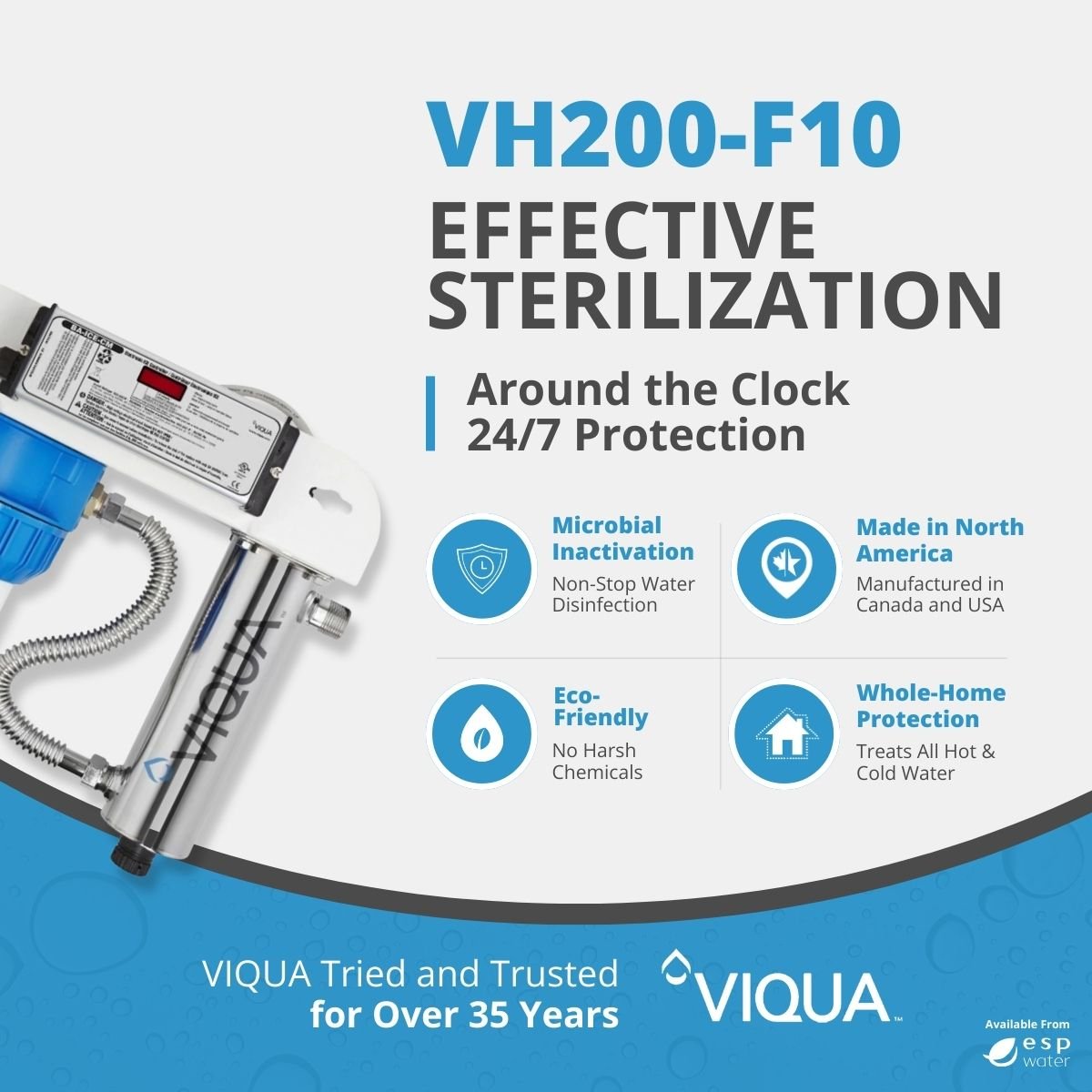 VIQUA VH200-F10 benefits combining 9 GPM UV water treatment with sediment prefiltration