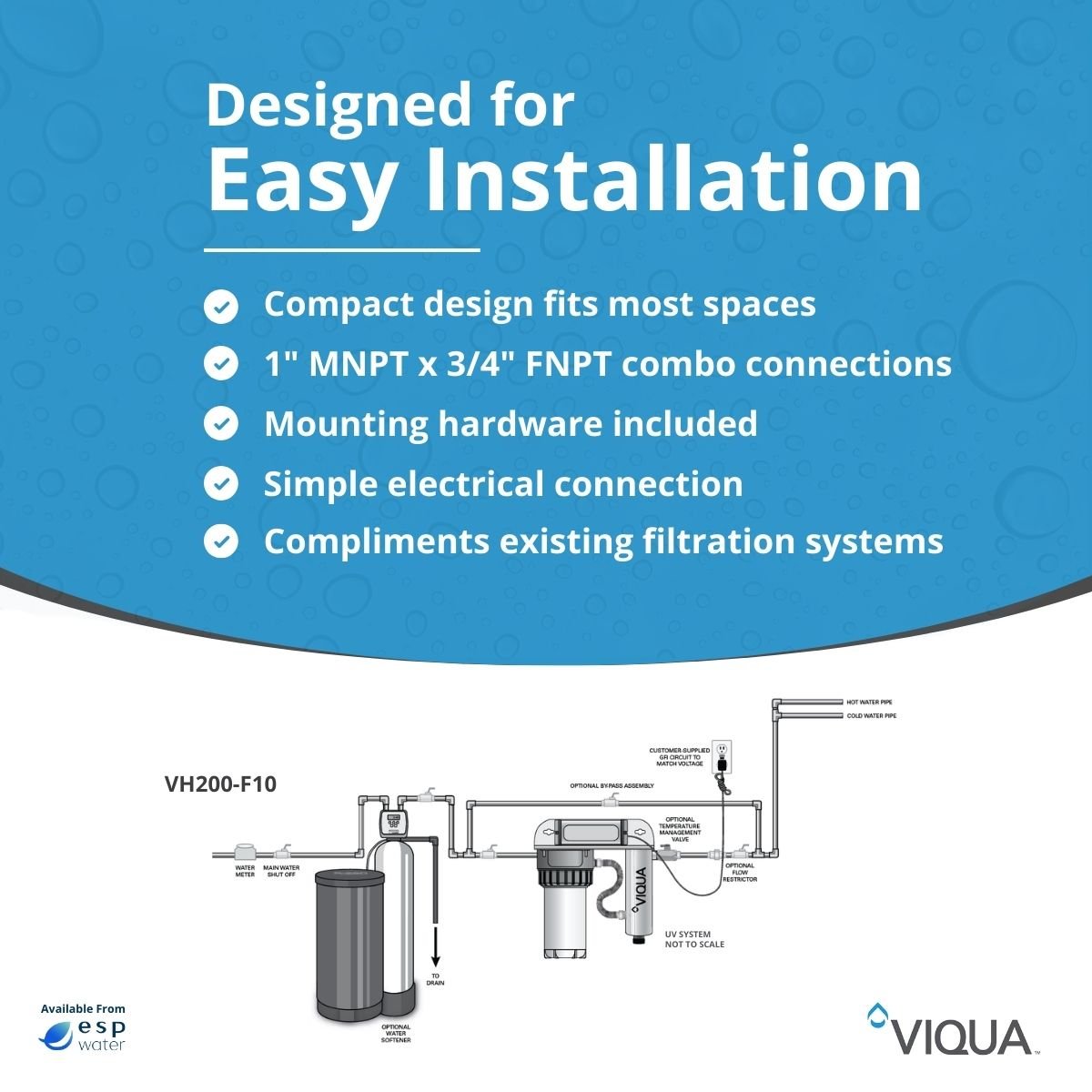 VIQUA VH200-F10 installation diagram for whole-home UV treatment with sediment prefilter