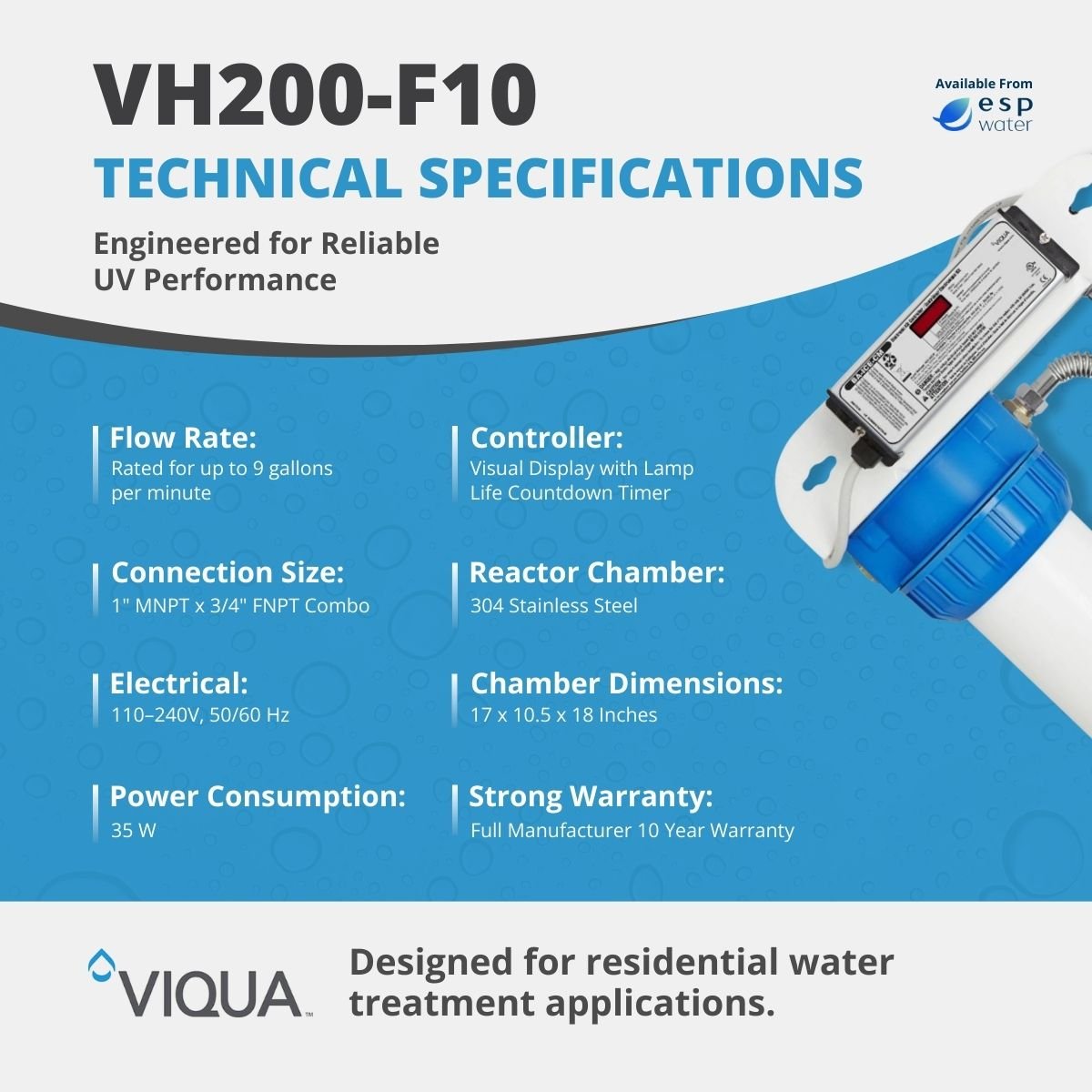 VIQUA VH200-F10 technical specifications for 9 GPM UV treatment and integrated sediment filtration
