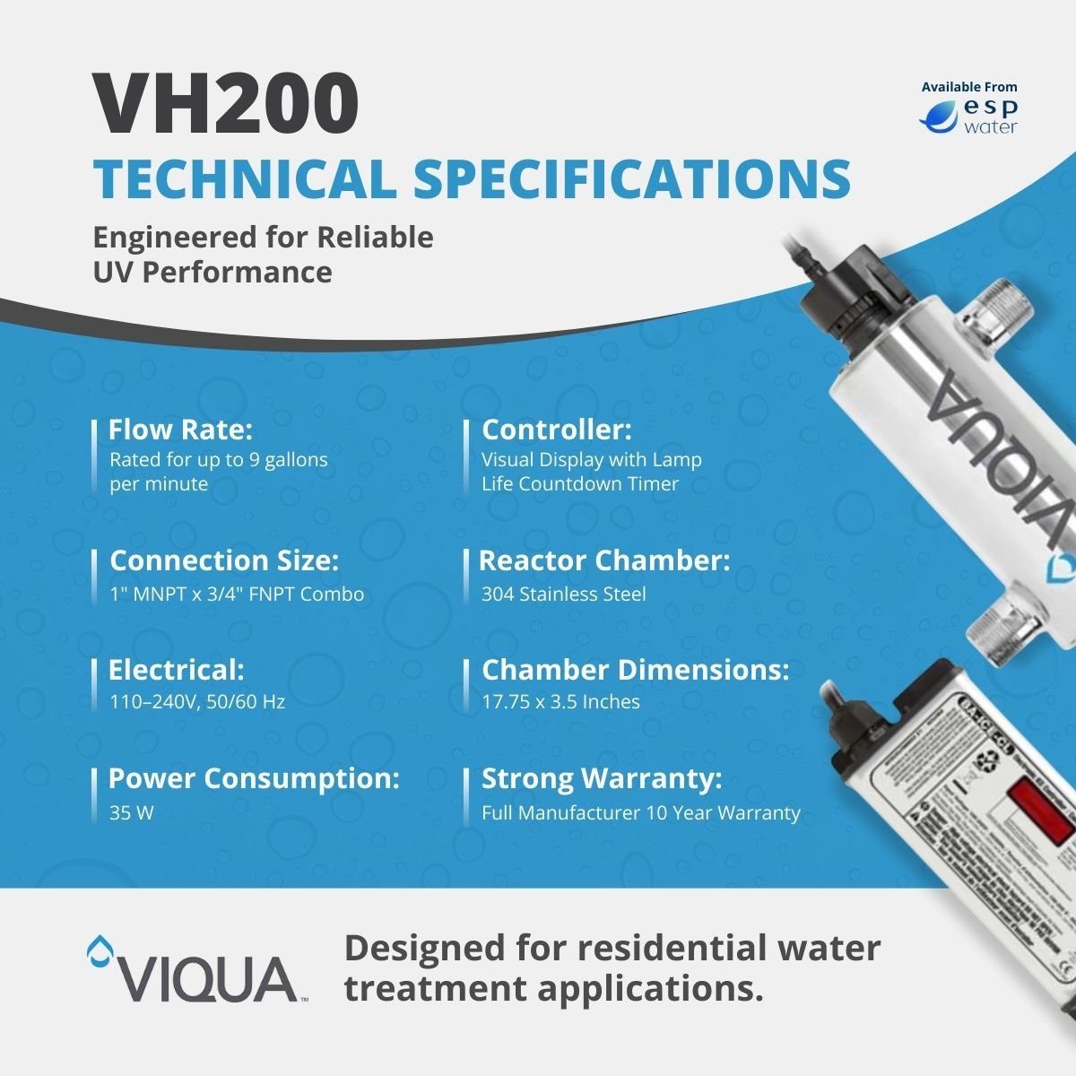 VIQUA VH200 technical specifications for 9 GPM flow and combination NPT connections