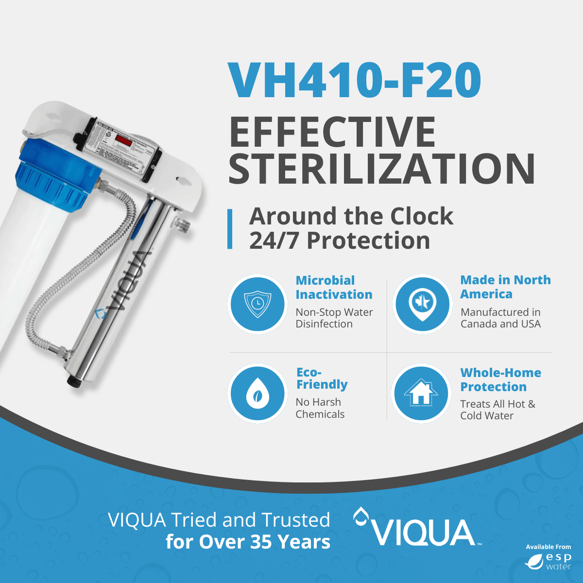 VIQUA VH410-F20 benefits combining 18 GPM UV water treatment with sediment prefiltration