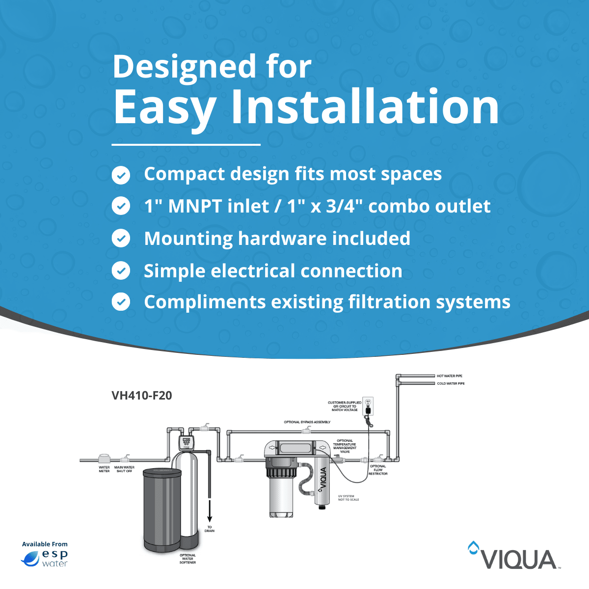 VIQUA VH410-F20 installation diagram for whole-home UV treatment with sediment prefilter