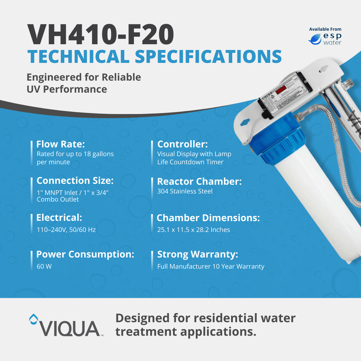VIQUA VH410-F20 technical specifications for 18 GPM UV treatment and integrated sediment filtration