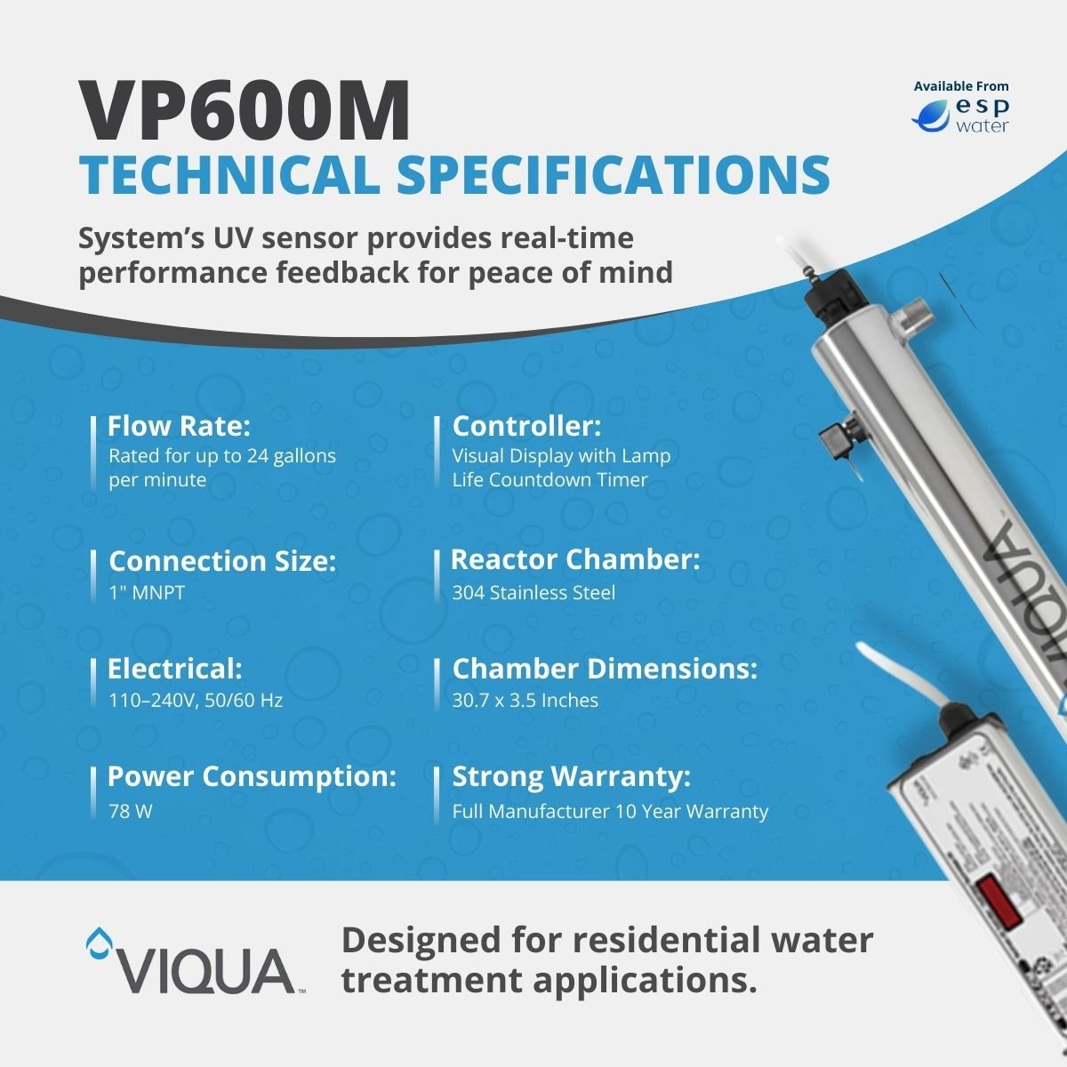 VIQUA VP600M technical specifications for 24 GPM UV treatment with integrated UV sensor monitoring