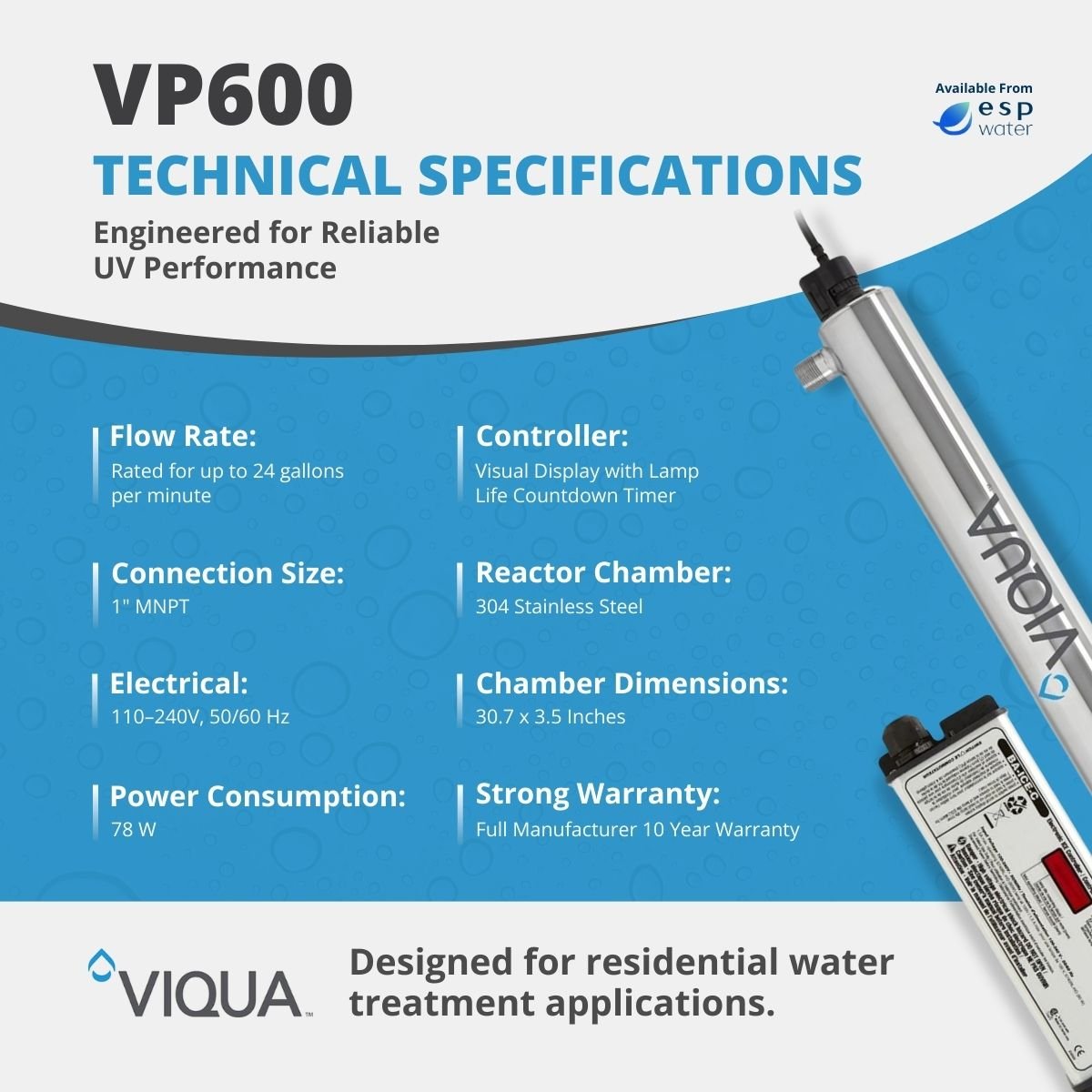 VIQUA VP600 technical specifications for 24 GPM commercial ultraviolet water treatment