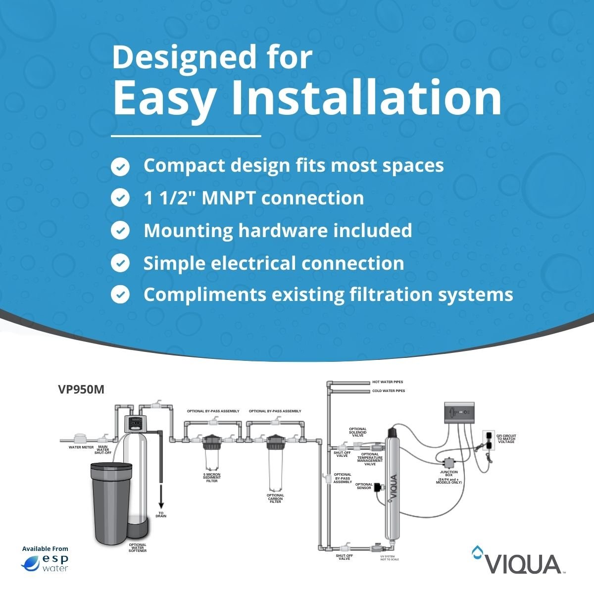 VIQUA VP950M installation diagram for 34 GPM point-of-entry UV water treatment