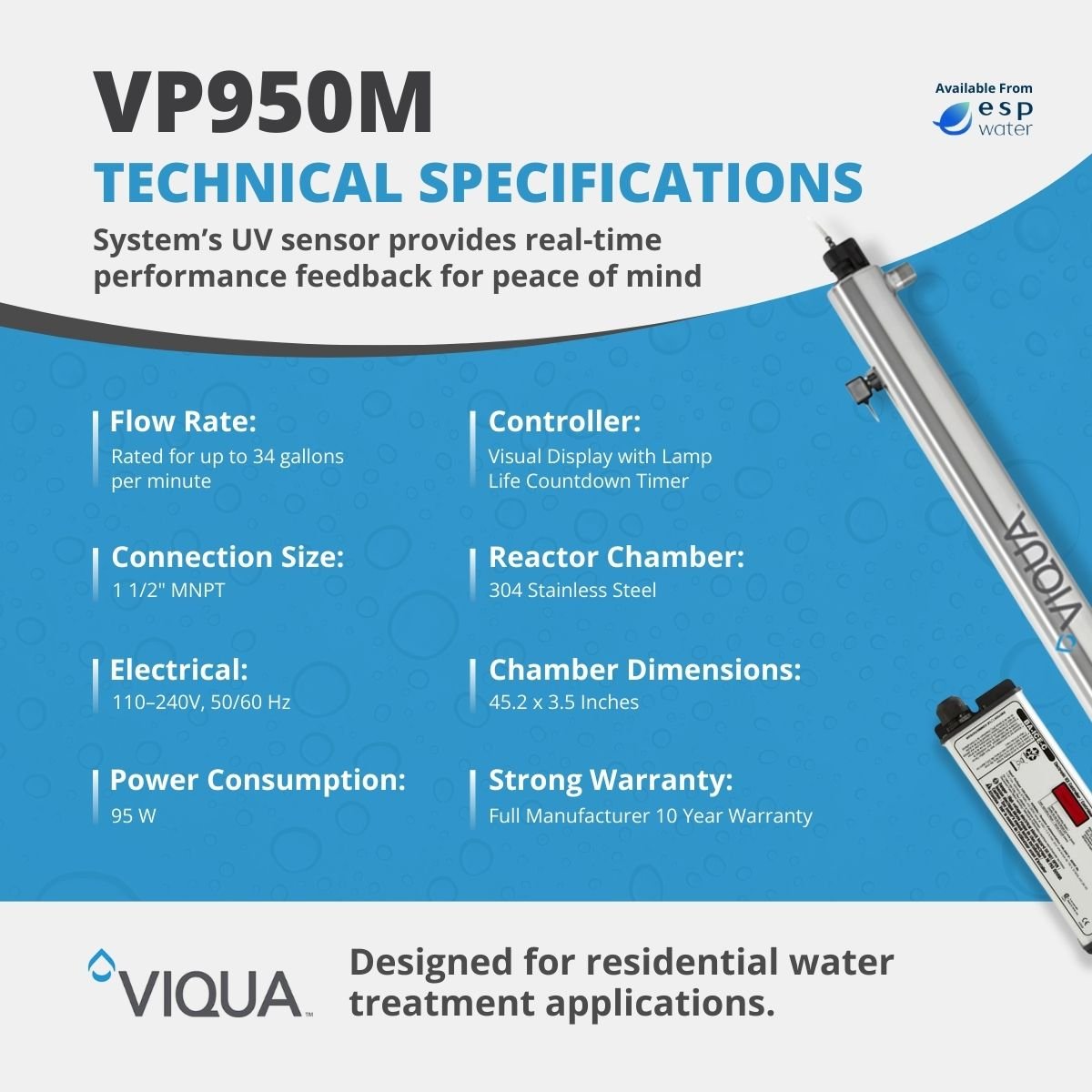 VIQUA VP950M technical specifications for 34 GPM whole-home ultraviolet water treatment with sensor