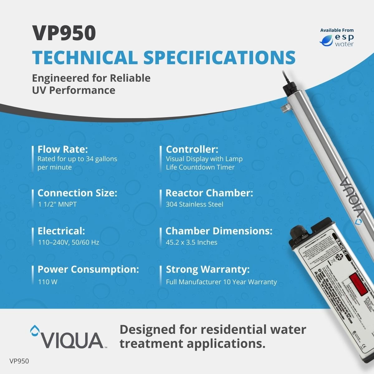 VIQUA VP950 technical specifications for 34 GPM commercial ultraviolet water treatment