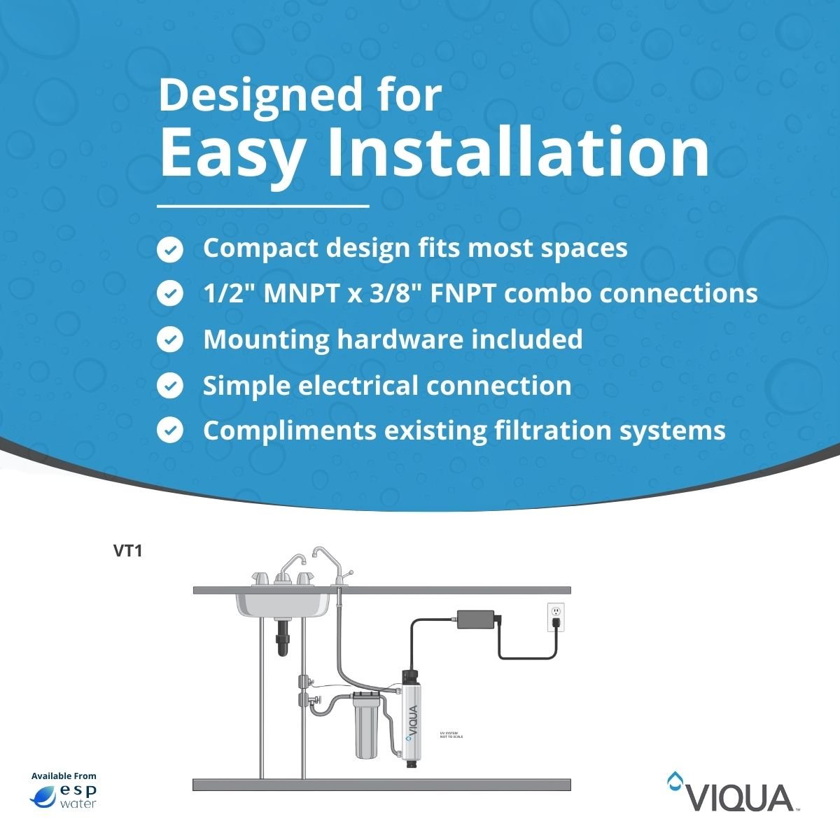 VIQUA VT1 installation diagram for compact point-of-use ultraviolet water treatment