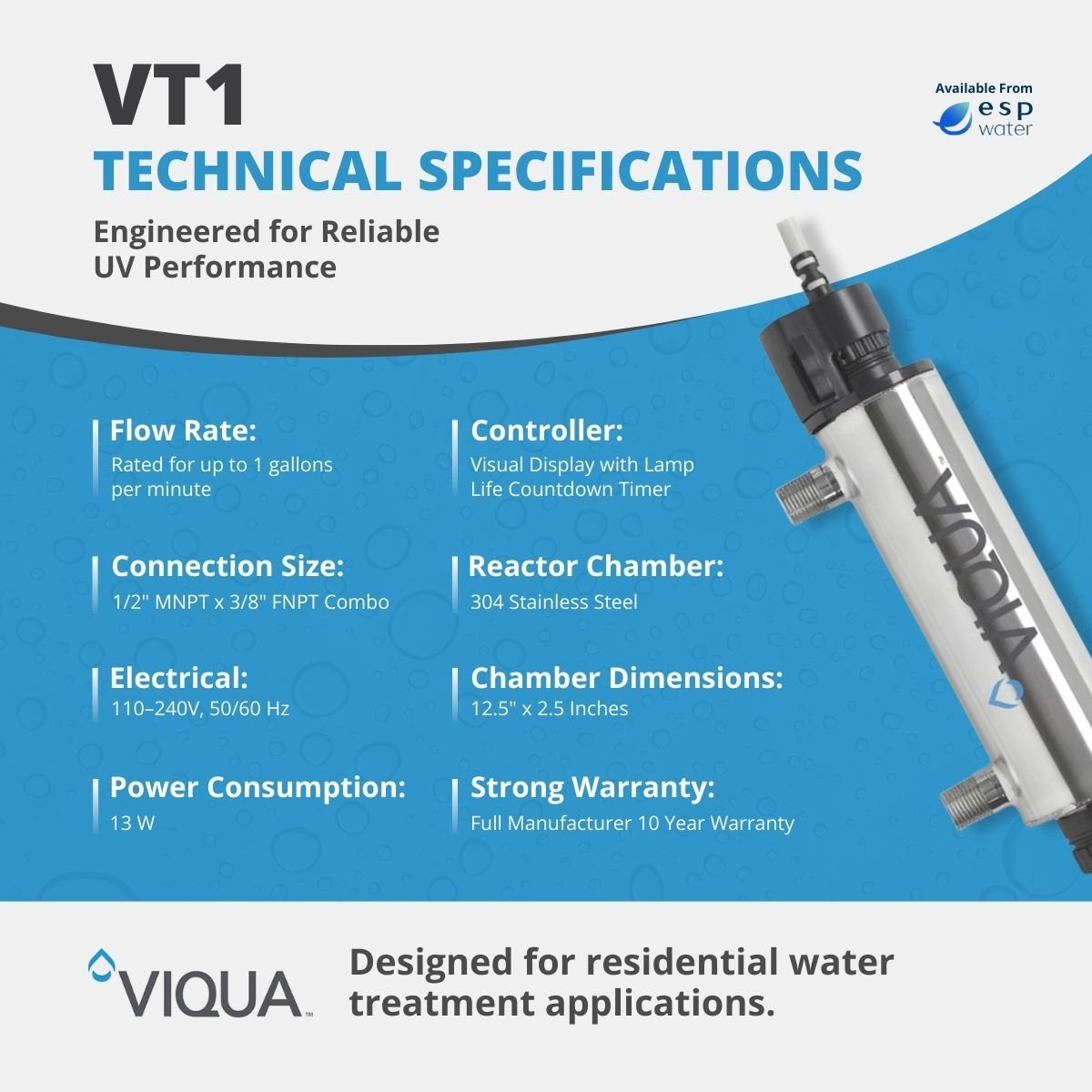VIQUA VT1 technical specifications for 1 GPM point-of-use UV water treatment