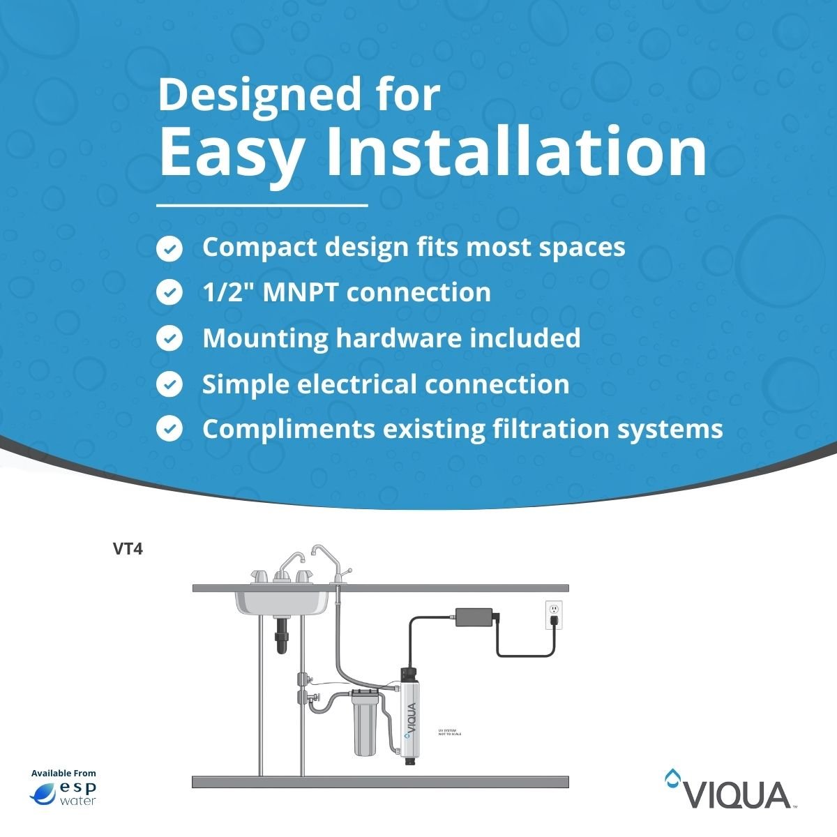 VIQUA VT4 point-of-use UV system installation diagram for faucets and low-flow applications
