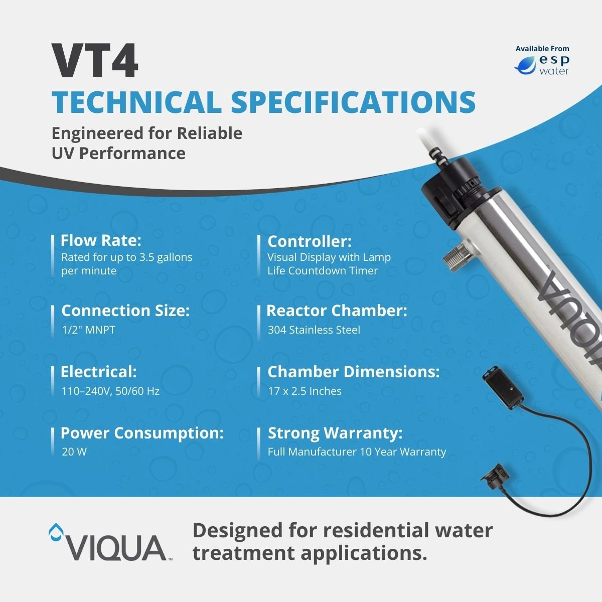 VIQUA VT4 technical specifications for 3.5 GPM flow, 1/2-inch MNPT and 100-240V operation