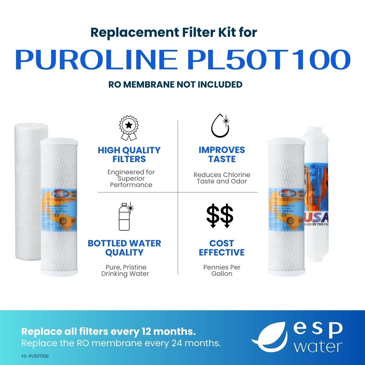 PuROLine PL50T100 RO Replacement Filter Kit - Membrane Sold Separately YS-PL50T100 - ESP Water
