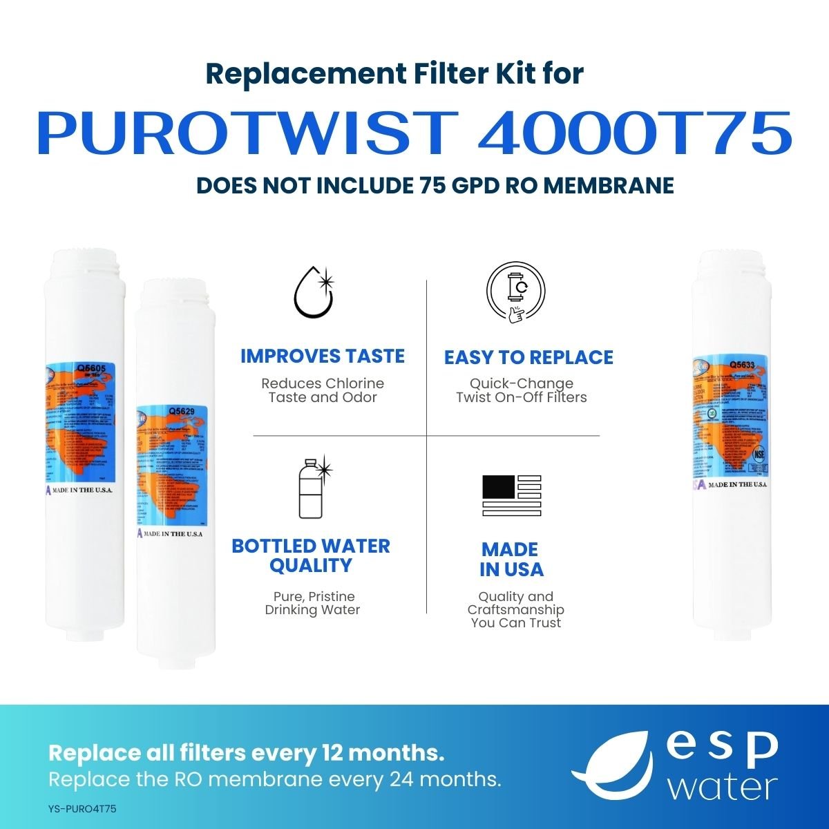 PuROTwist 4000T75 Replacement Filter Kit - Membrane Sold Separately YS-PURO4T75 - ESP Water