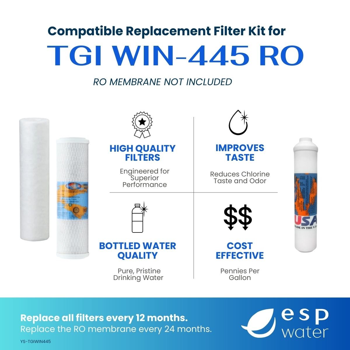 TGI WIN-445 compatible RO filter kit benefits, reverse osmosis membrane sold separately