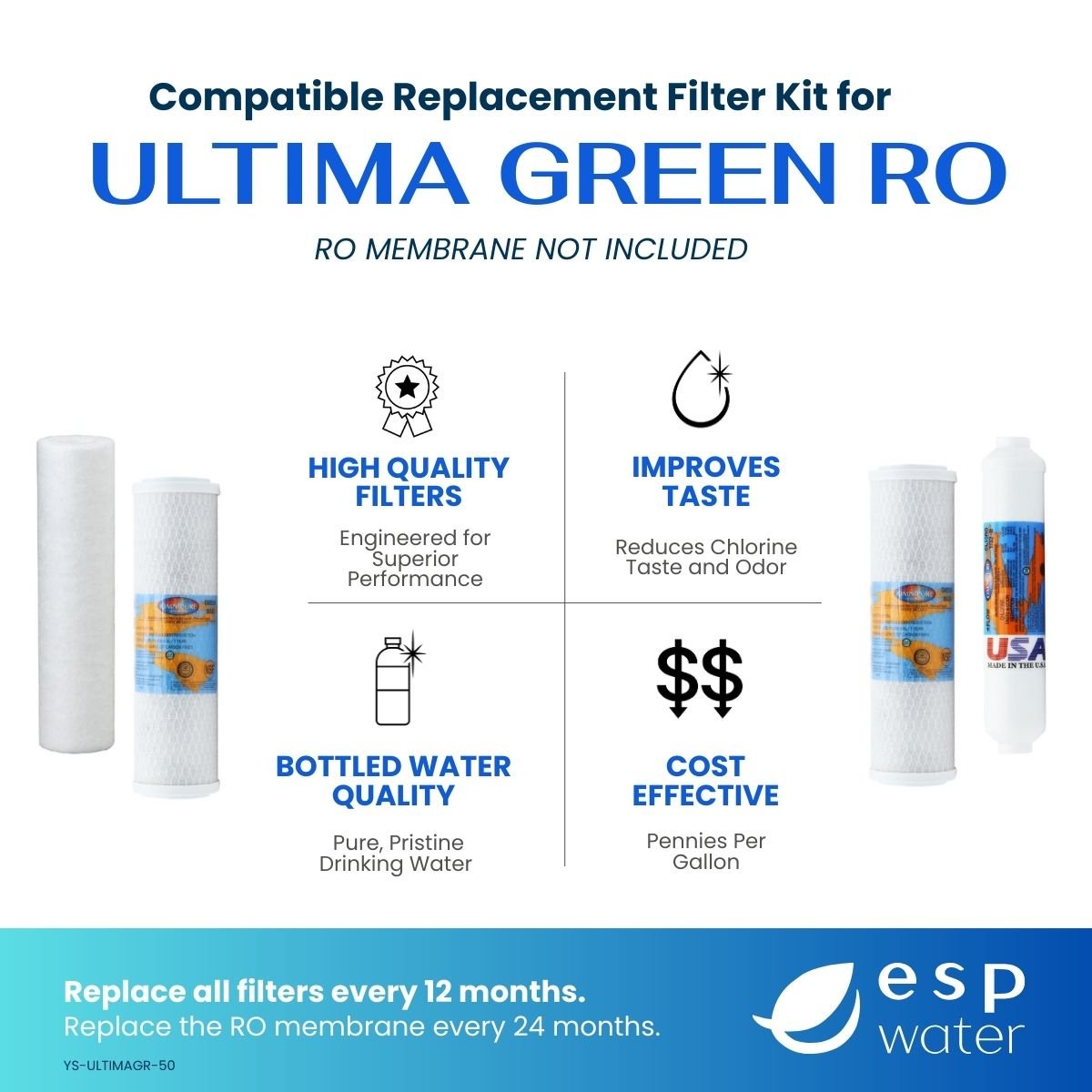 Ultima Green RO 5 Compatible RO Replacement Filter Kit - Membrane Sold Separately YS-ULTIMAGR-50 - ESP Water