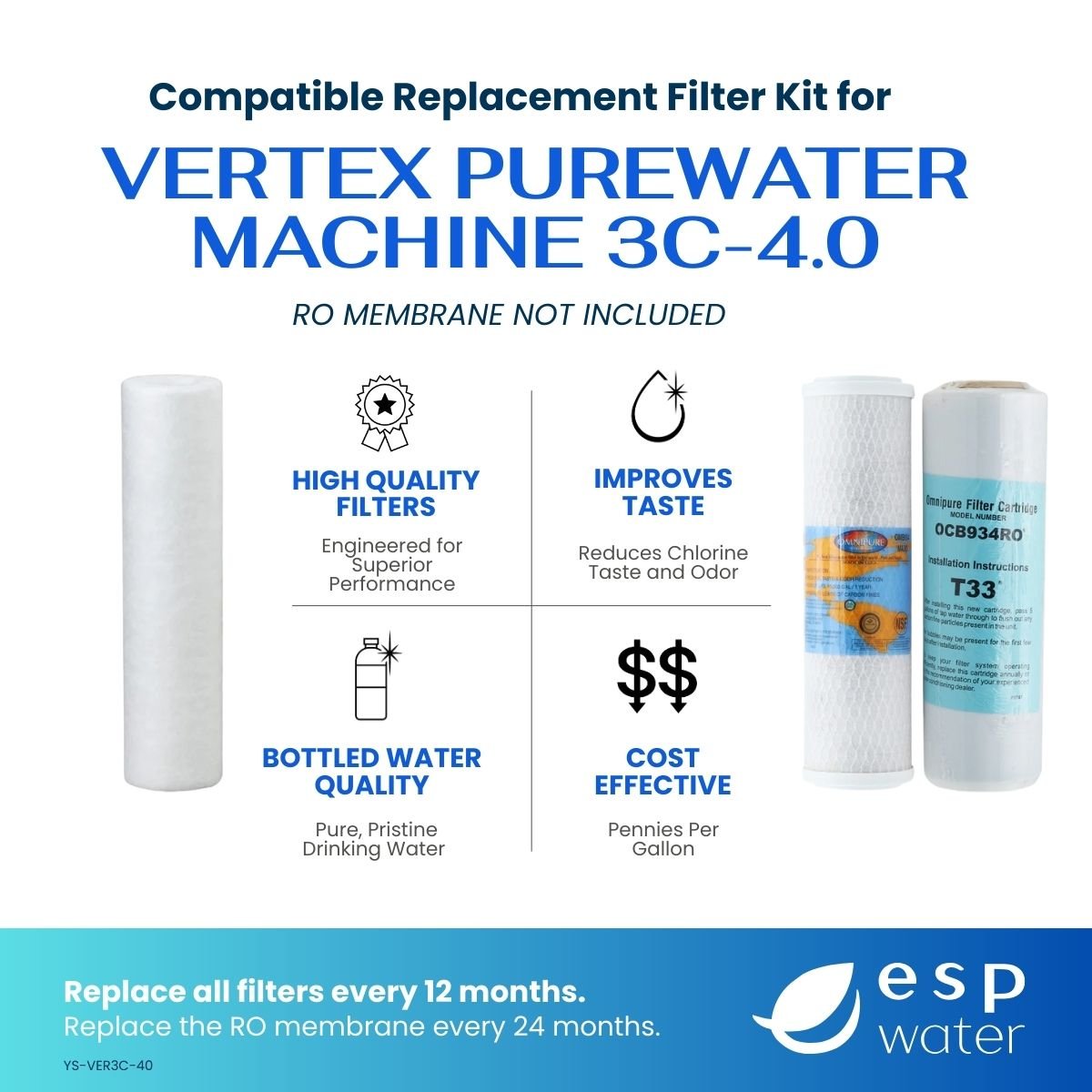 Vertex 3C-4.0 compatible RO filter kit benefits, reverse osmosis membrane sold separately