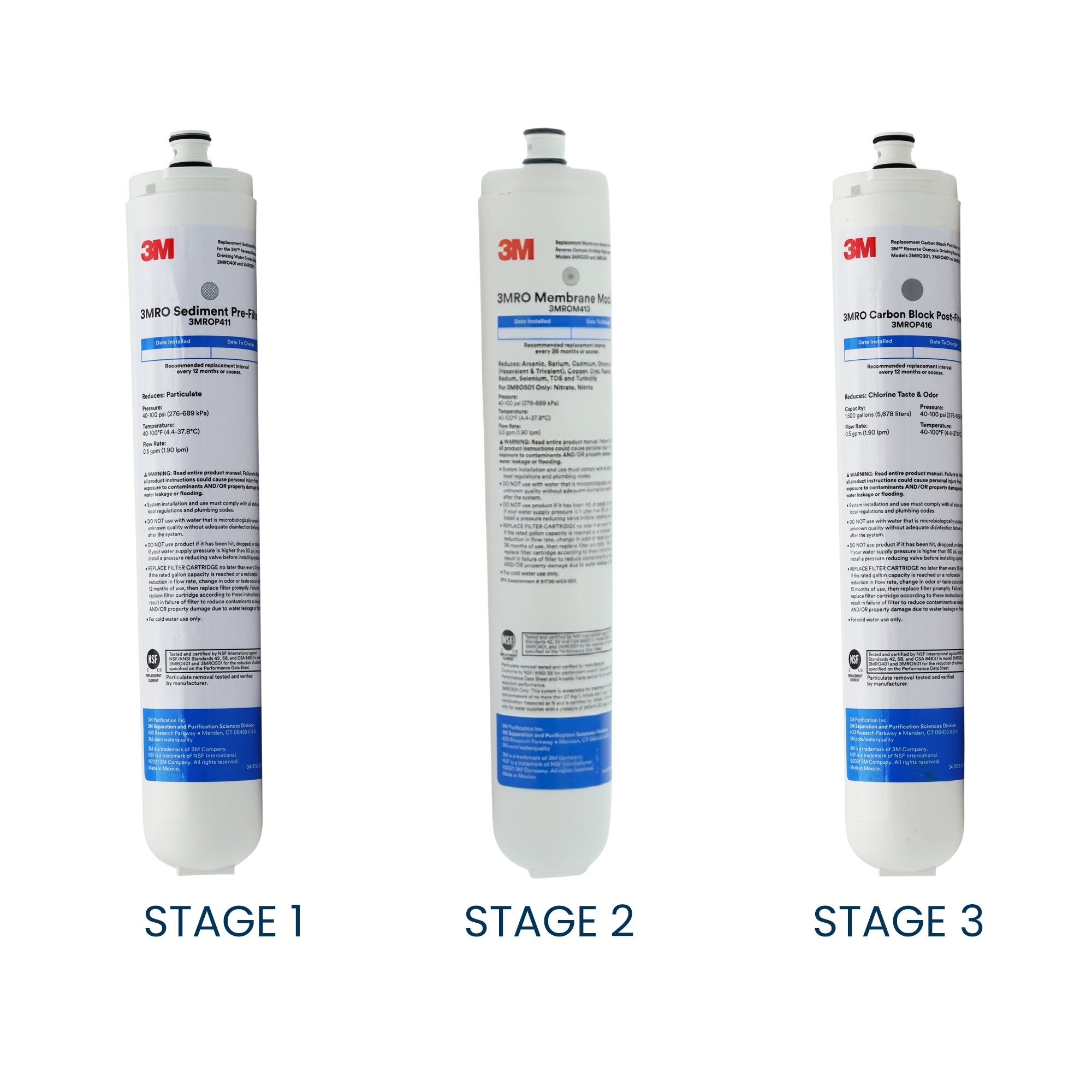 3M SQC3 replacement set with sediment prefilter, 3MROM413 36 GPD membrane and 3MROP416 postfilter