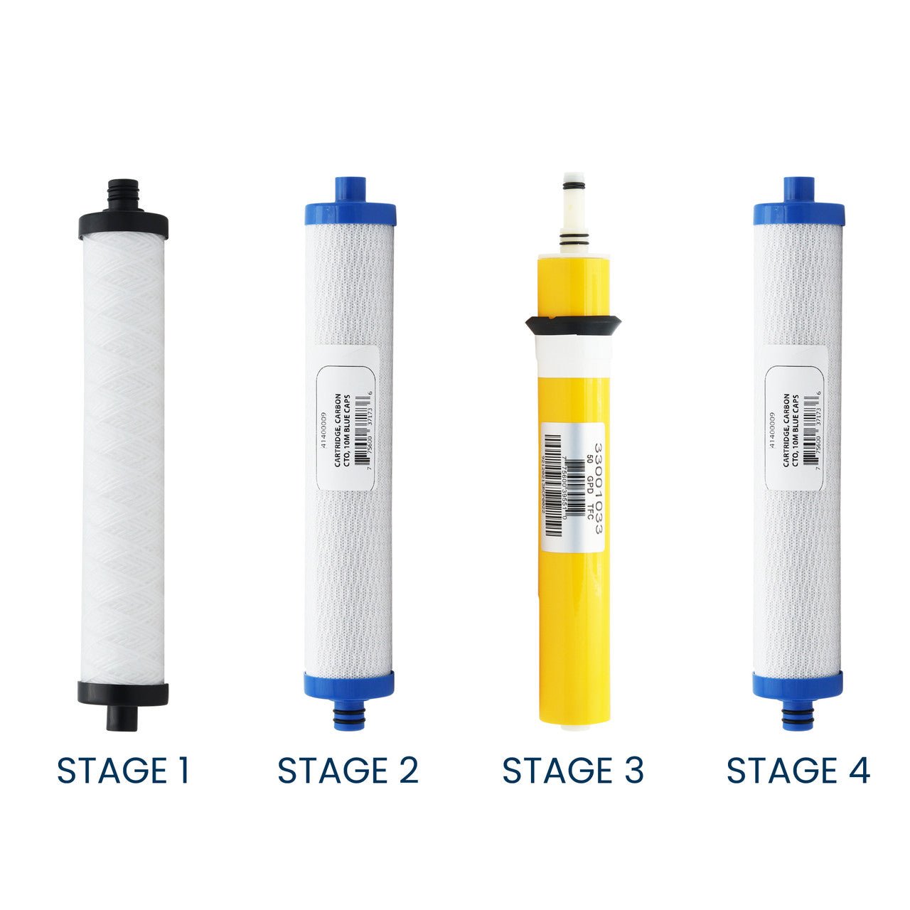 Hydrotech 4VTFC50G compatible filter set with sediment, carbon and 50 GPD RO membrane stages