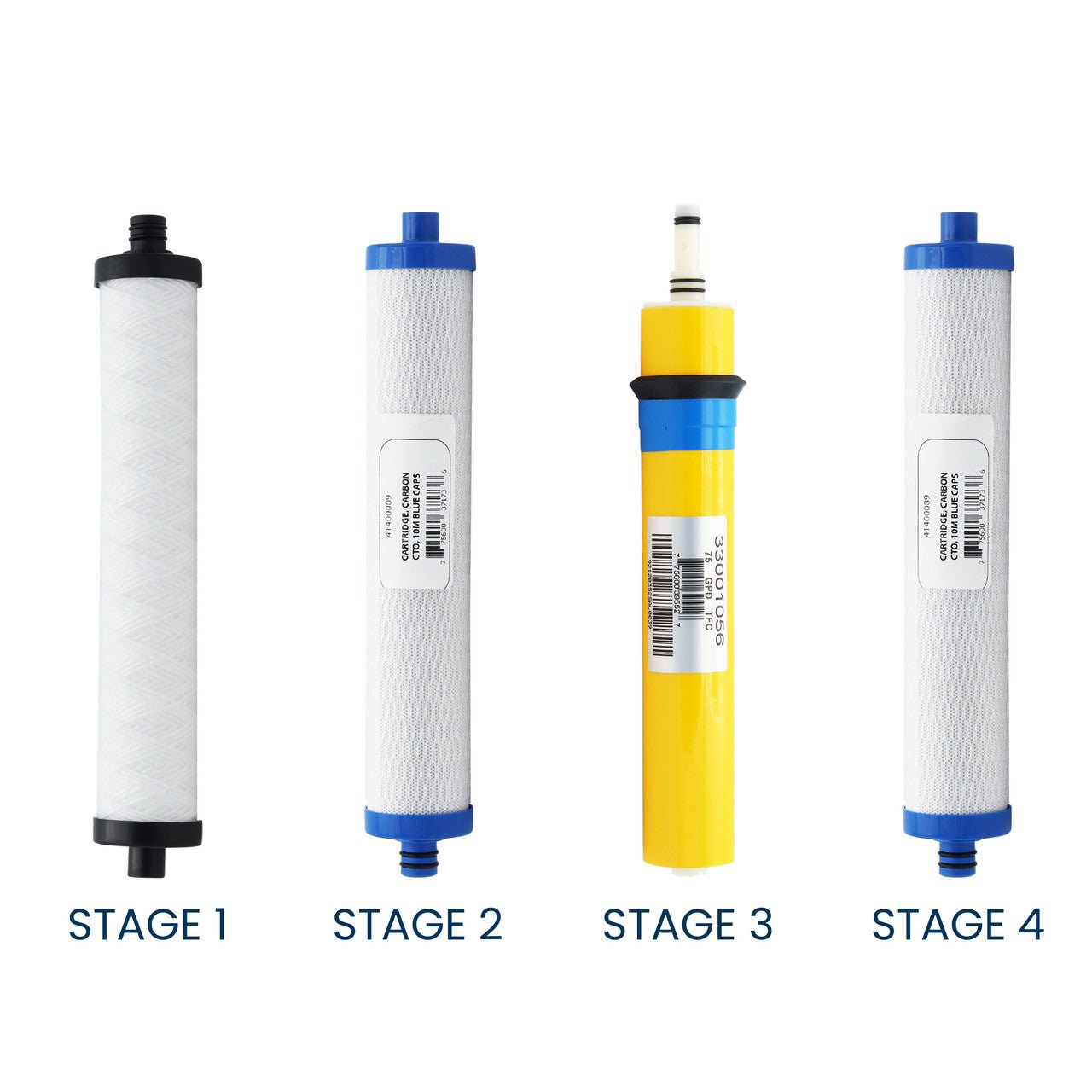 Hydrotech 4VTFC75G compatible filter set with sediment, carbon and 75 GPD RO membrane stages