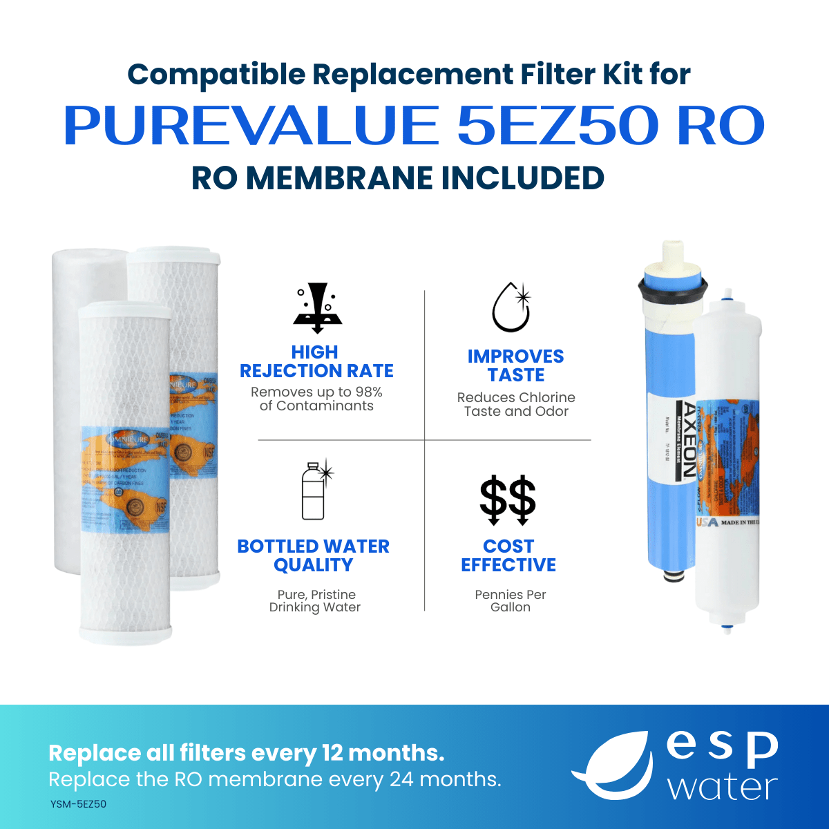 PureValue YSM-5EZ50 RO filter kit benefits with sediment, carbon and 50 GPD membrane filtration