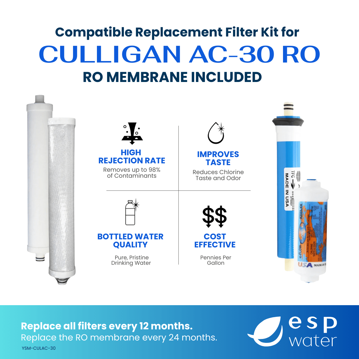 Culligan AC-30 compatible YSM-CULAC-30 RO filter kit benefits with sediment, carbon and 36 GPD membrane filtration
