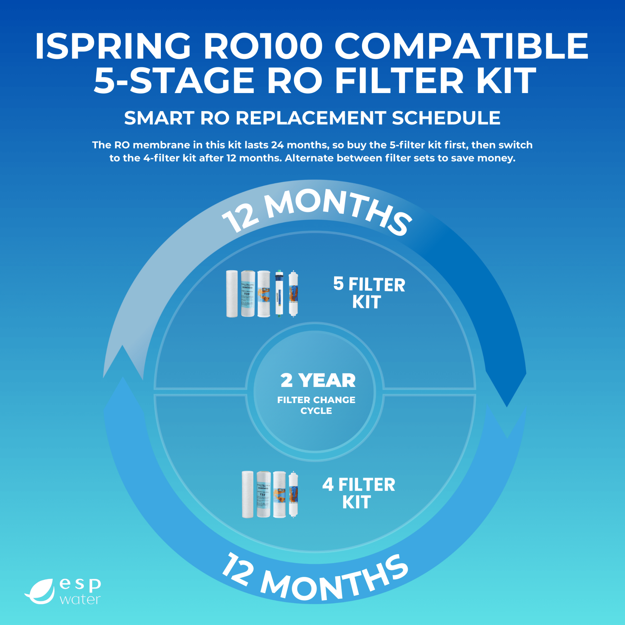 iSpring RO100 replacement schedule for yearly filters and 100 GPD reverse osmosis membrane maintenance